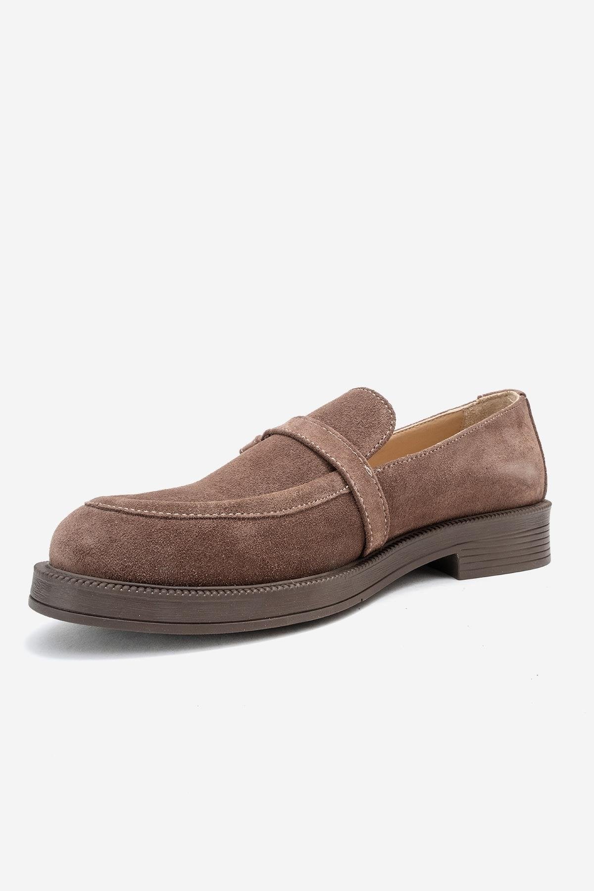 Galea - Taupe Suede Genuine Leather Loafer – heel view showing leather, suede, Vowalisse