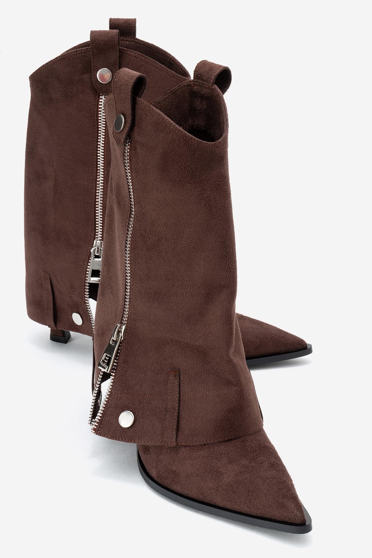 Lola - Brown Zip Pointed Toe Heeled Boot – front three-quarter view showing suede, red, Vowalisse