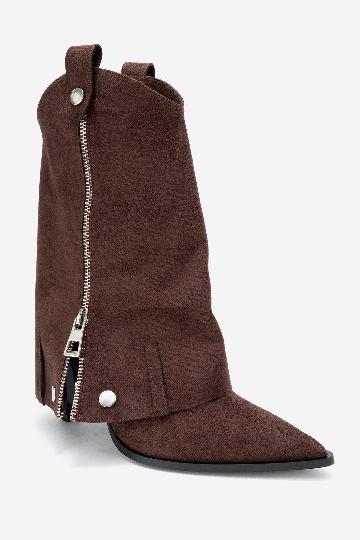 Lola - Brown Zip Pointed Toe Heeled Boot – detail view showing suede, red, Vowalisse