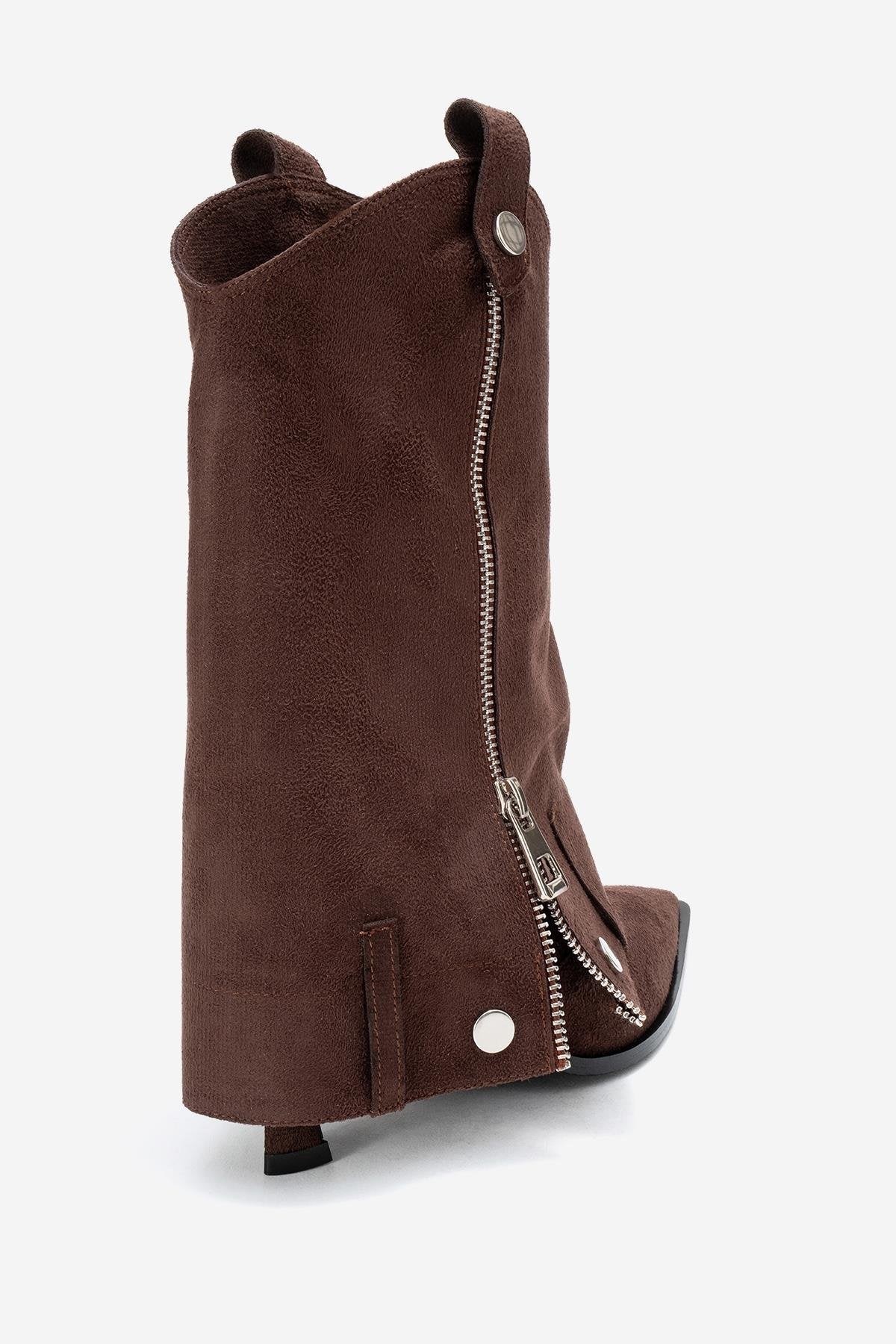 Lola - Brown Zip Pointed Toe Heeled Boot – back view showing suede, red, Vowalisse