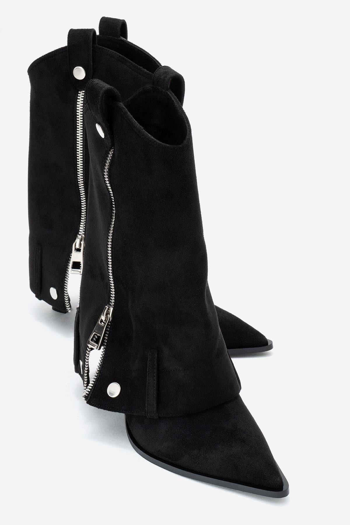 Lola - Black Zip Pointed Toe Heeled Boot – front three-quarter view showing suede, black, Vowalisse