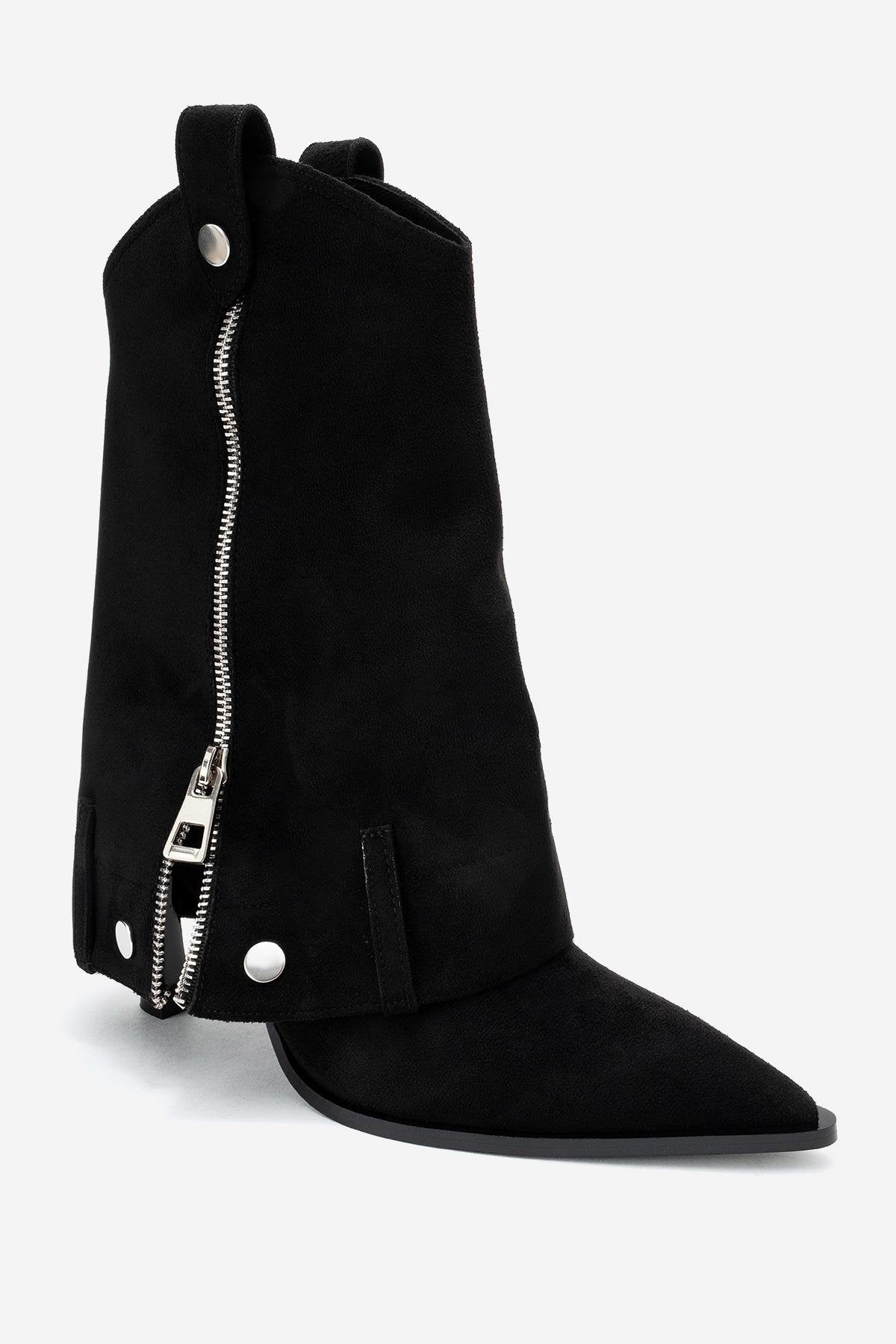 Lola - Black Zip Pointed Toe Heeled Boot – detail view showing suede, black, Vowalisse