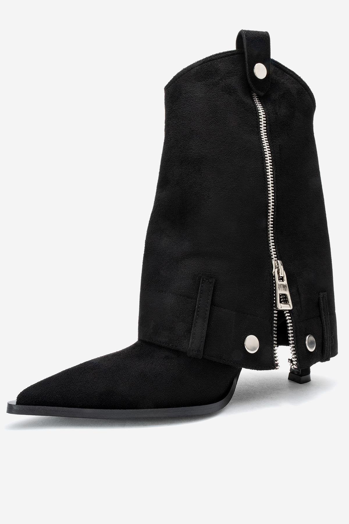Lola - Black Zip Pointed Toe Heeled Boot – heel view showing suede, black, Vowalisse
