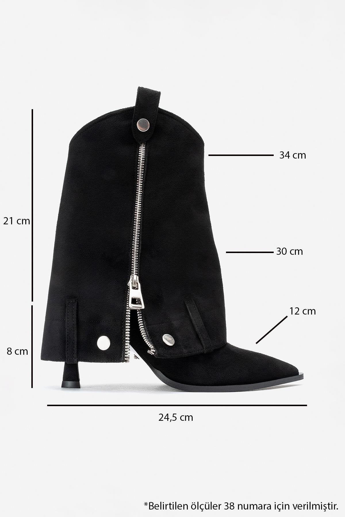 Lola - Black Zip Pointed Toe Heeled Boot – top view showing suede, black, Vowalisse