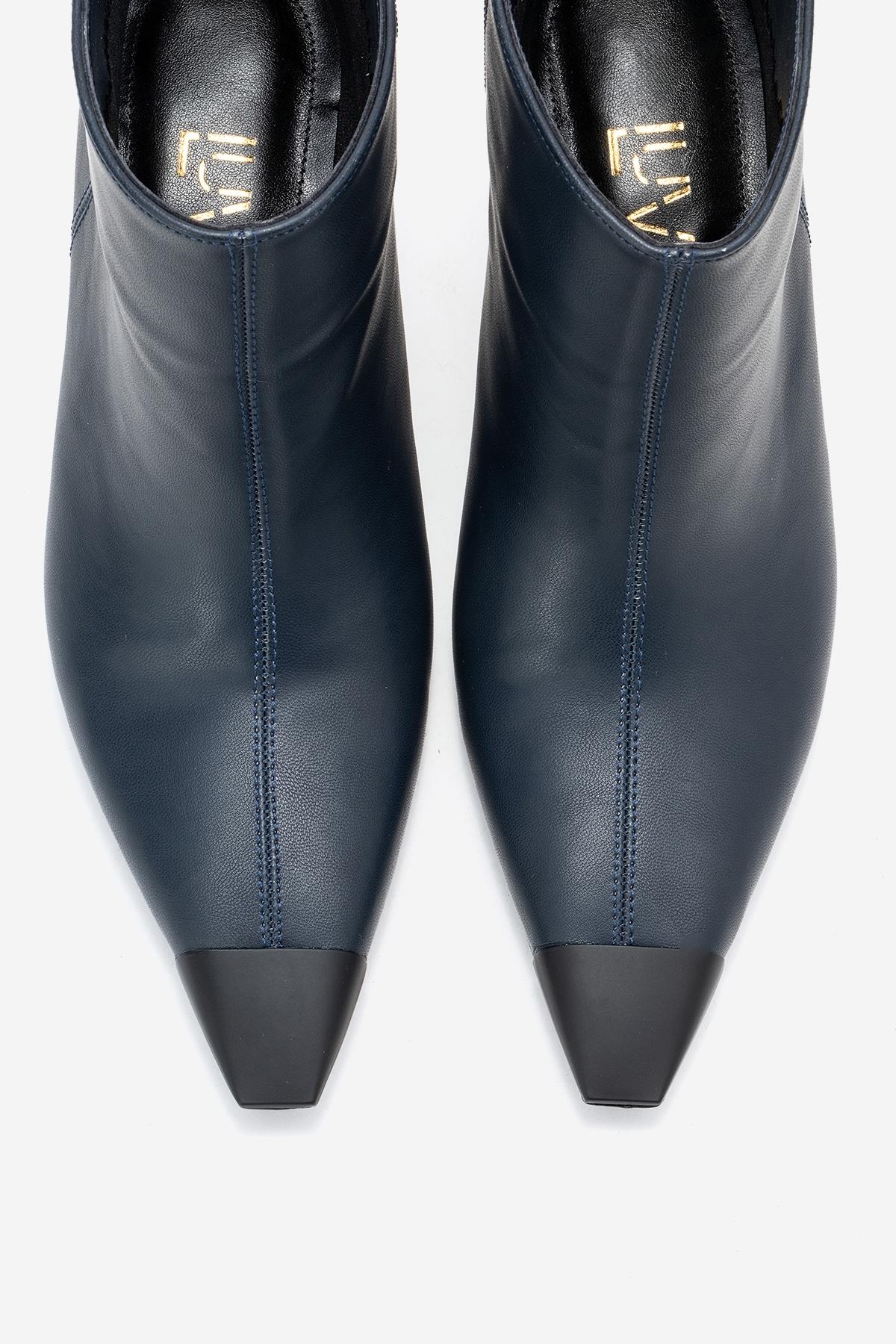 Rassel - Navy Smooth Pointed Toe Stiletto Heel Ankle Boot – side view showing leather, red, Vowalisse