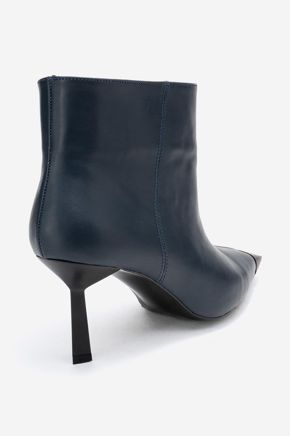 Rassel - Navy Smooth Pointed Toe Stiletto Heel Ankle Boot – back view showing leather, red, Vowalisse