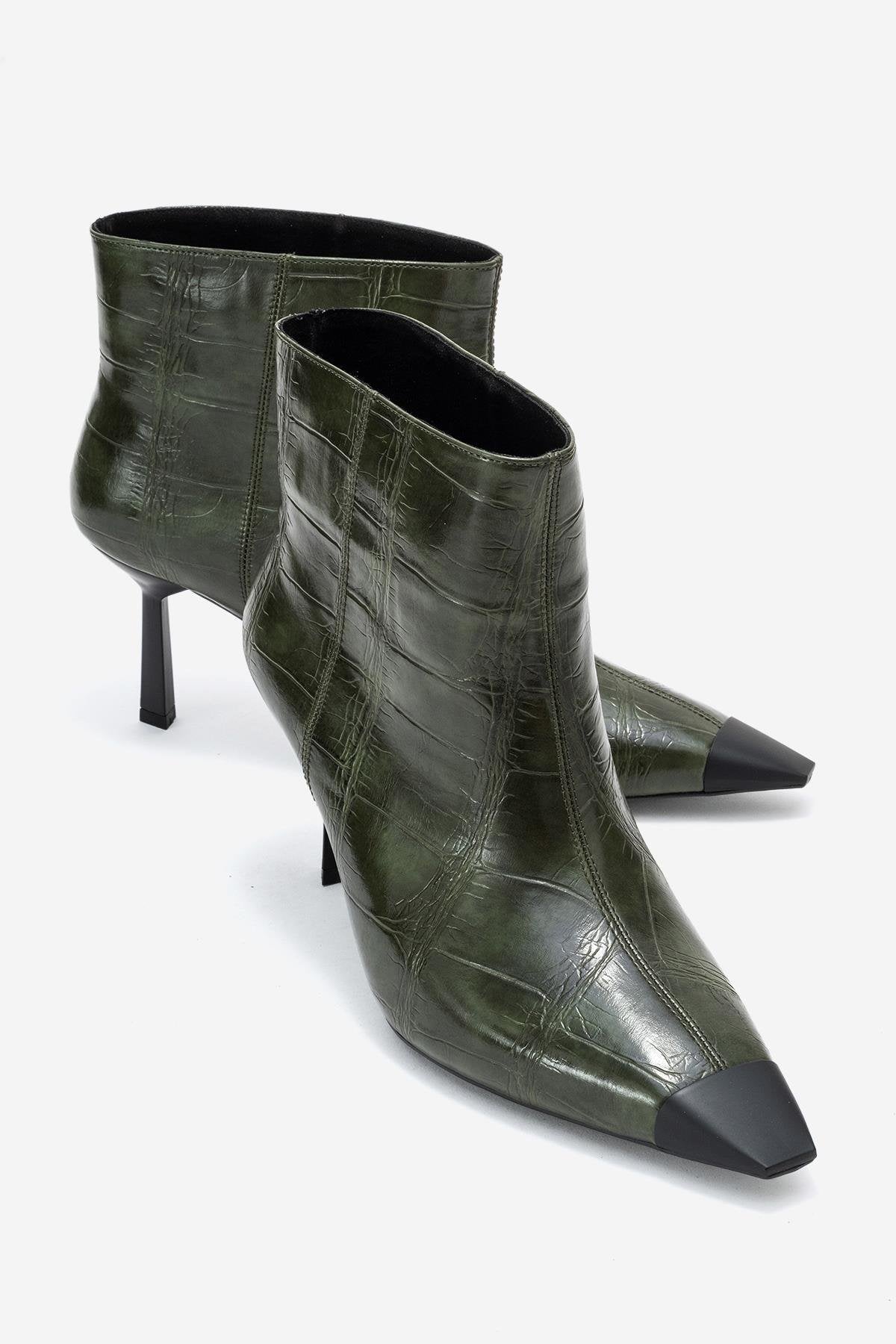 Rassel - Green Croc-Embossed Pointed Toe Stiletto Heel Ankle Boot – front three-quarter view showing leather, green…