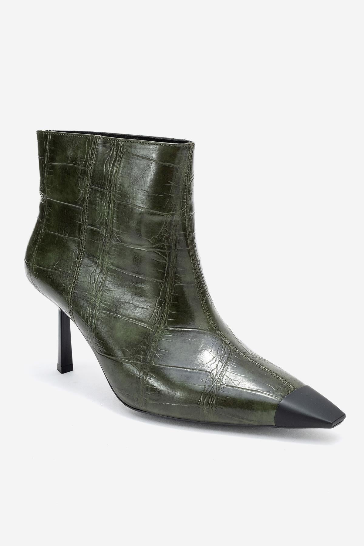 Rassel - Green Croc-Embossed Pointed Toe Stiletto Heel Ankle Boot – detail view showing leather, green, Vowalisse