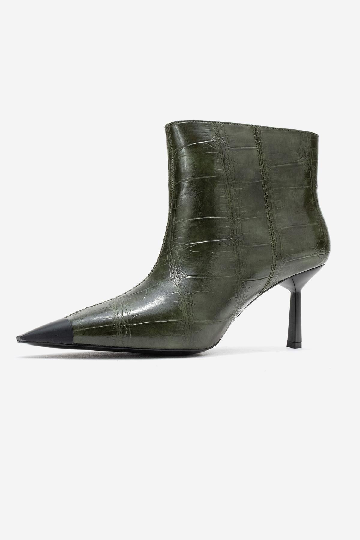 Rassel - Green Croc-Embossed Pointed Toe Stiletto Heel Ankle Boot – heel view showing leather, green, Vowalisse
