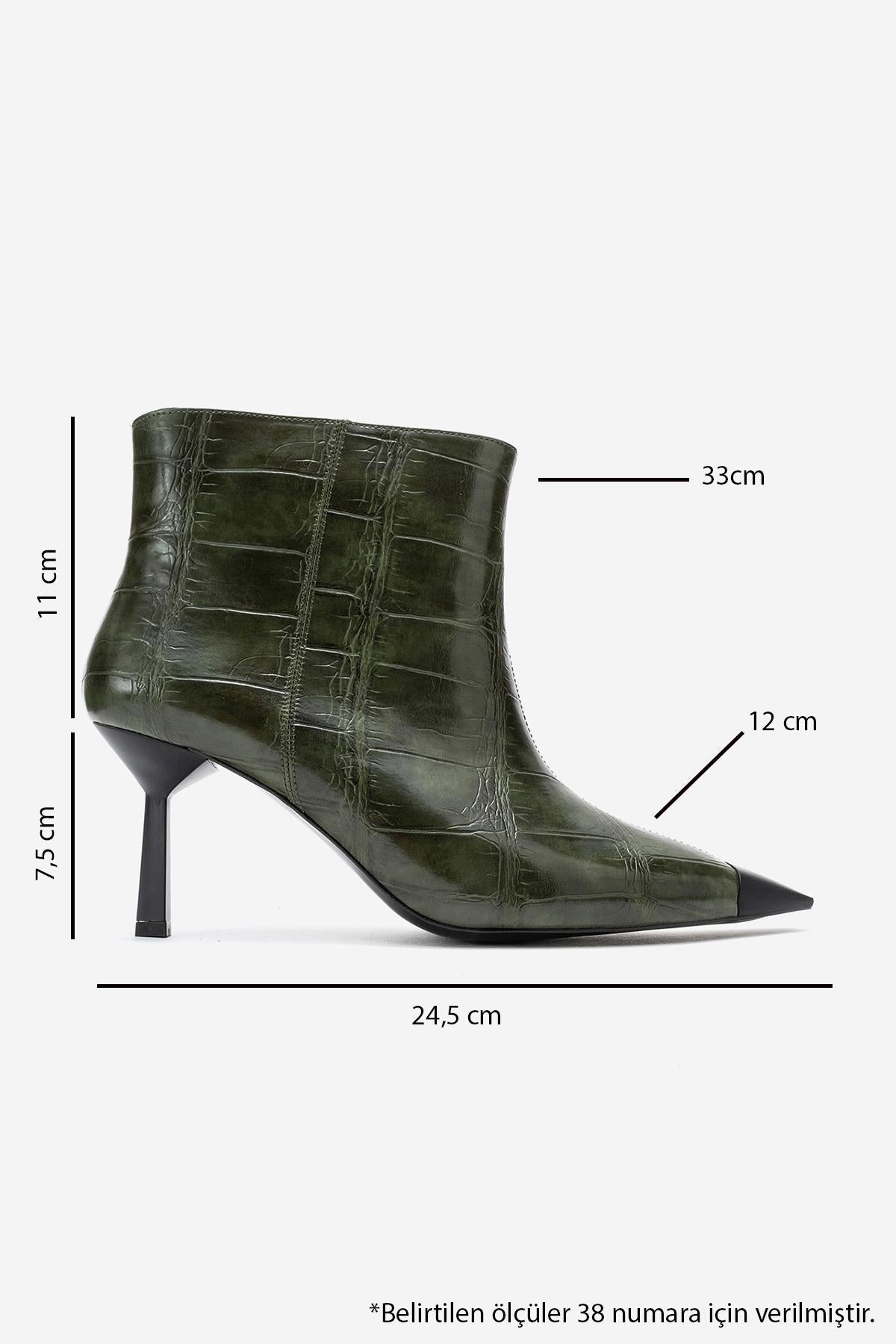 Rassel - Green Croc-Embossed Pointed Toe Stiletto Heel Ankle Boot – top view showing leather, green, Vowalisse