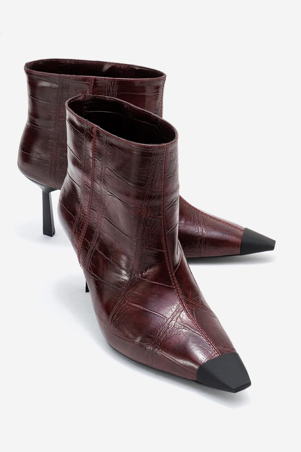 Rassel - Burgundy Croc-Embossed Pointed Toe Stiletto Heel Ankle Boot – front three-quarter view showing leather, red…