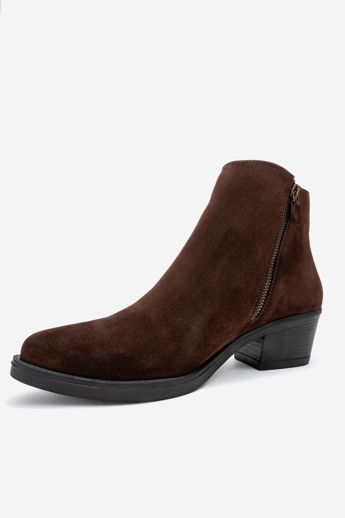 Jayer - Brown Suede Genuine Leather Zip Ankle Boot – heel view showing leather, suede, Vowalisse
