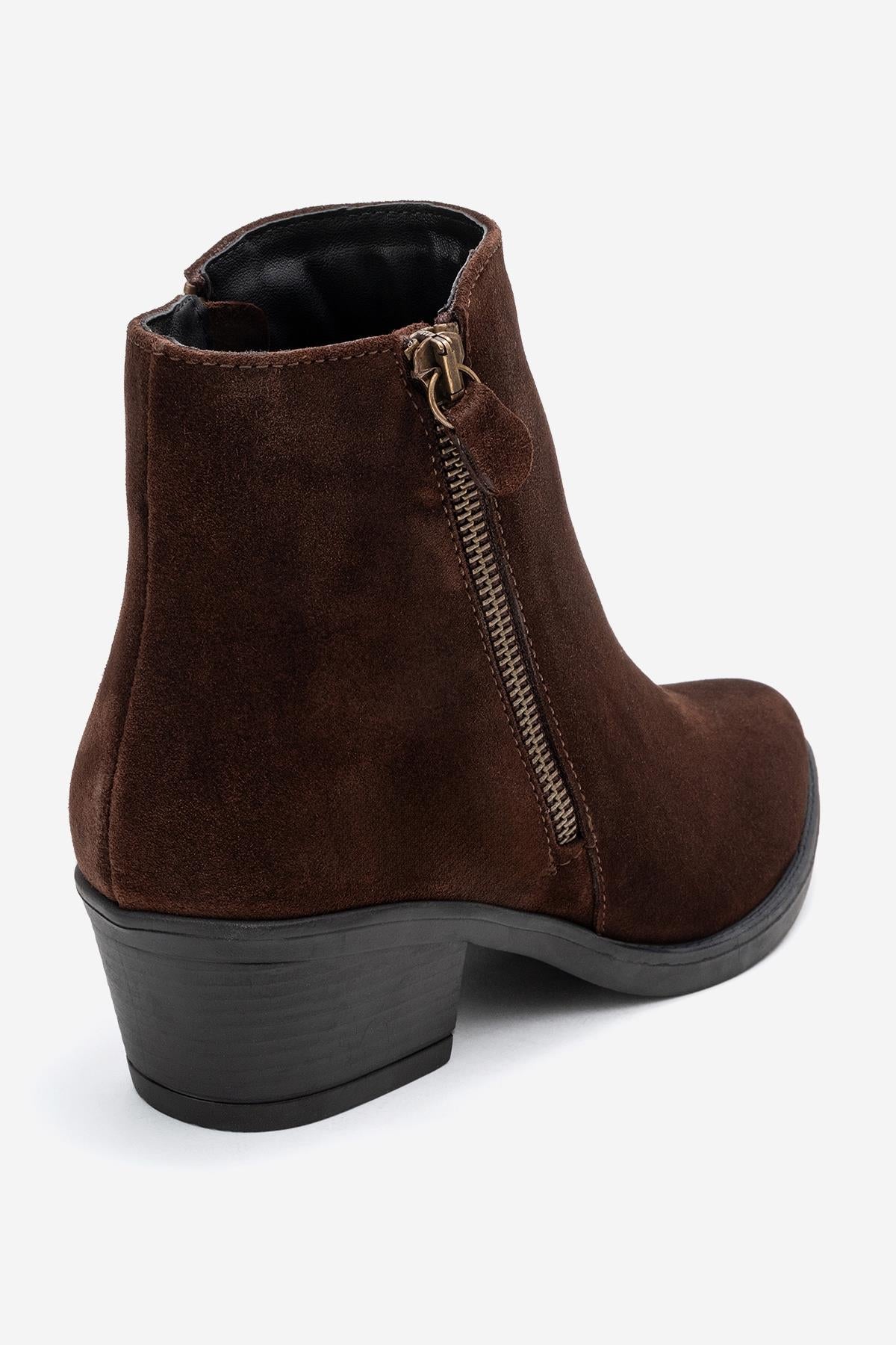 Jayer - Brown Suede Genuine Leather Zip Ankle Boot – back view showing leather, suede, Vowalisse