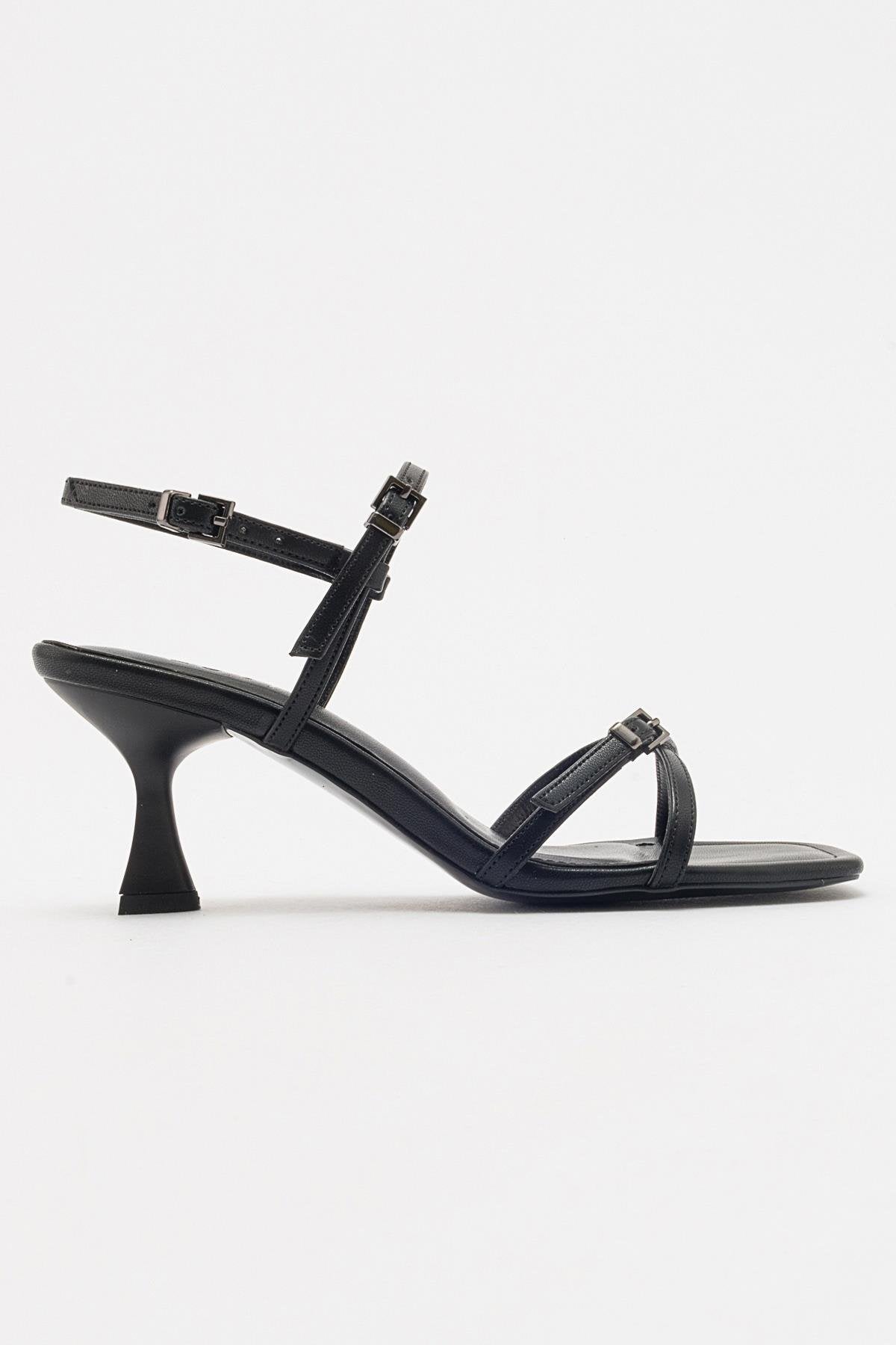 Nebel - Black Heeled Sandal – top view showing leather, black, Vowalisse