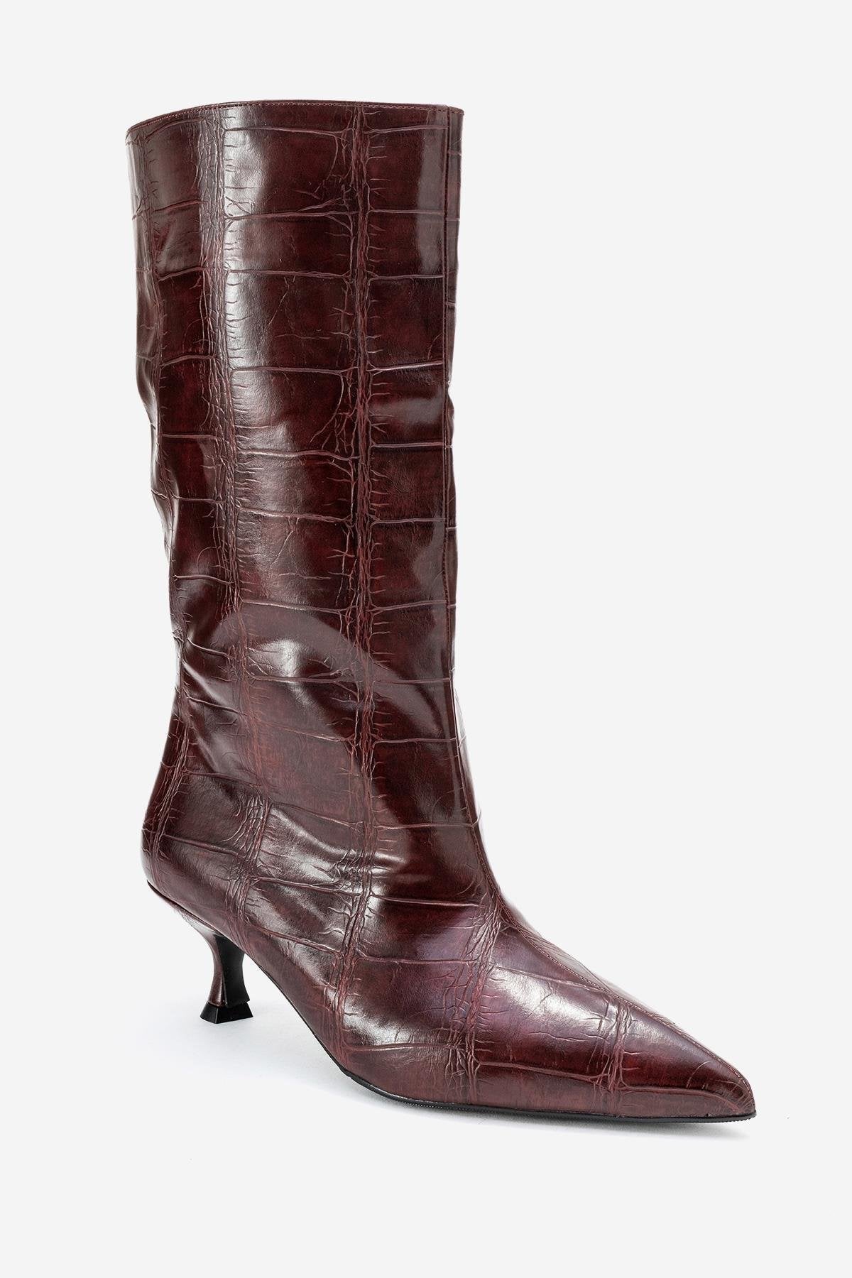Crow - Burgundy Printed Pointed Toe Heeled Ankle Boot – side view showing leather, Vowalisse
