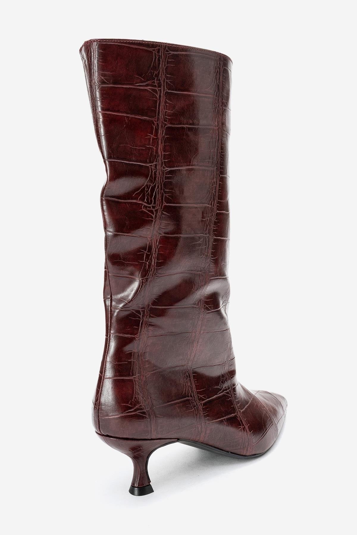 Crow - Burgundy Printed Pointed Toe Heeled Ankle Boot – heel view showing leather, Vowalisse