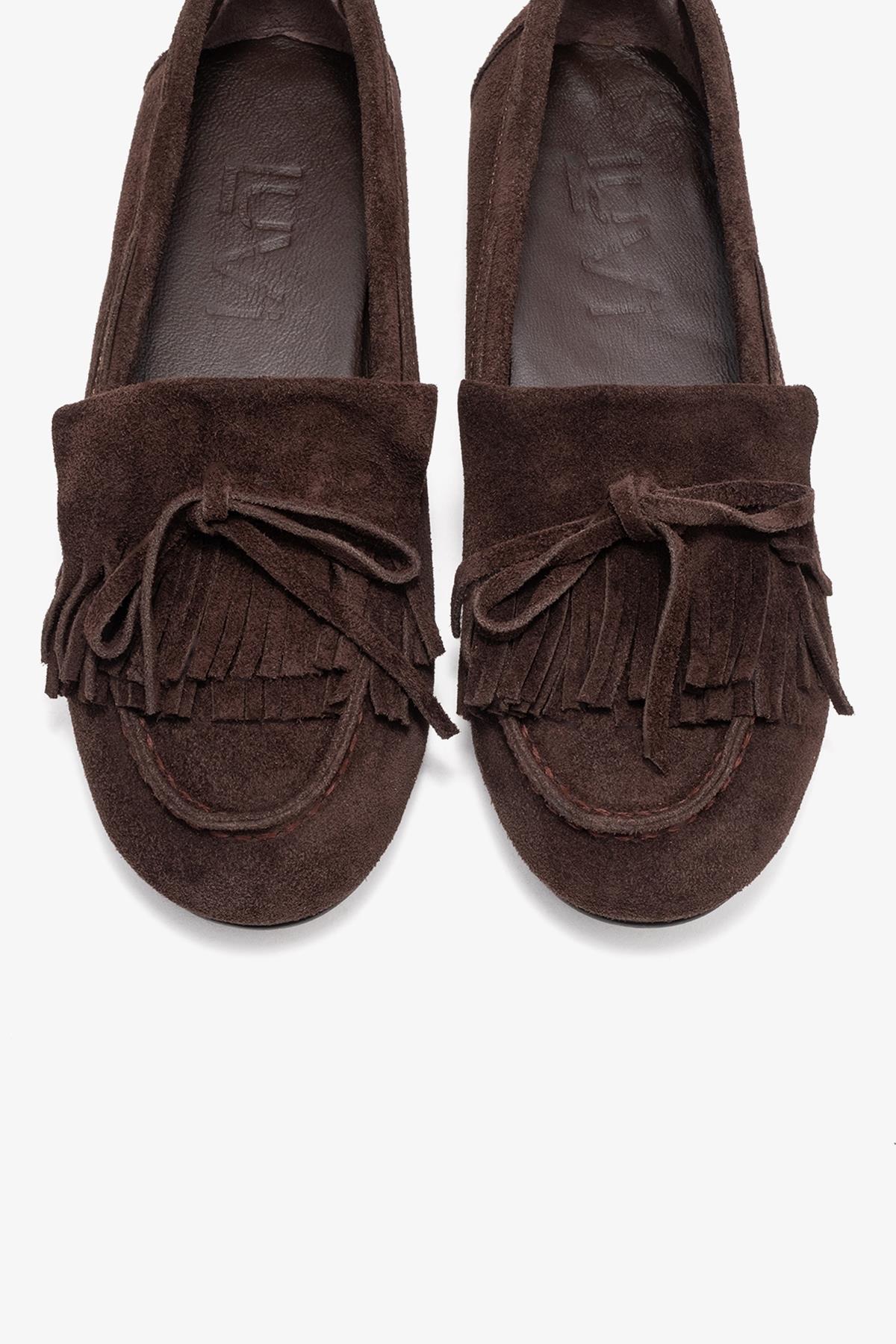 Axeli - Brown Genuine Leather Bow Fringe Loafer – side view showing bow, leather, Vowalisse