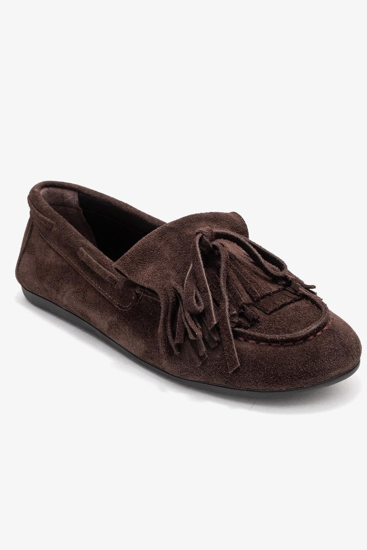 Axeli - Brown Genuine Leather Bow Fringe Loafer – detail view showing bow, leather, Vowalisse