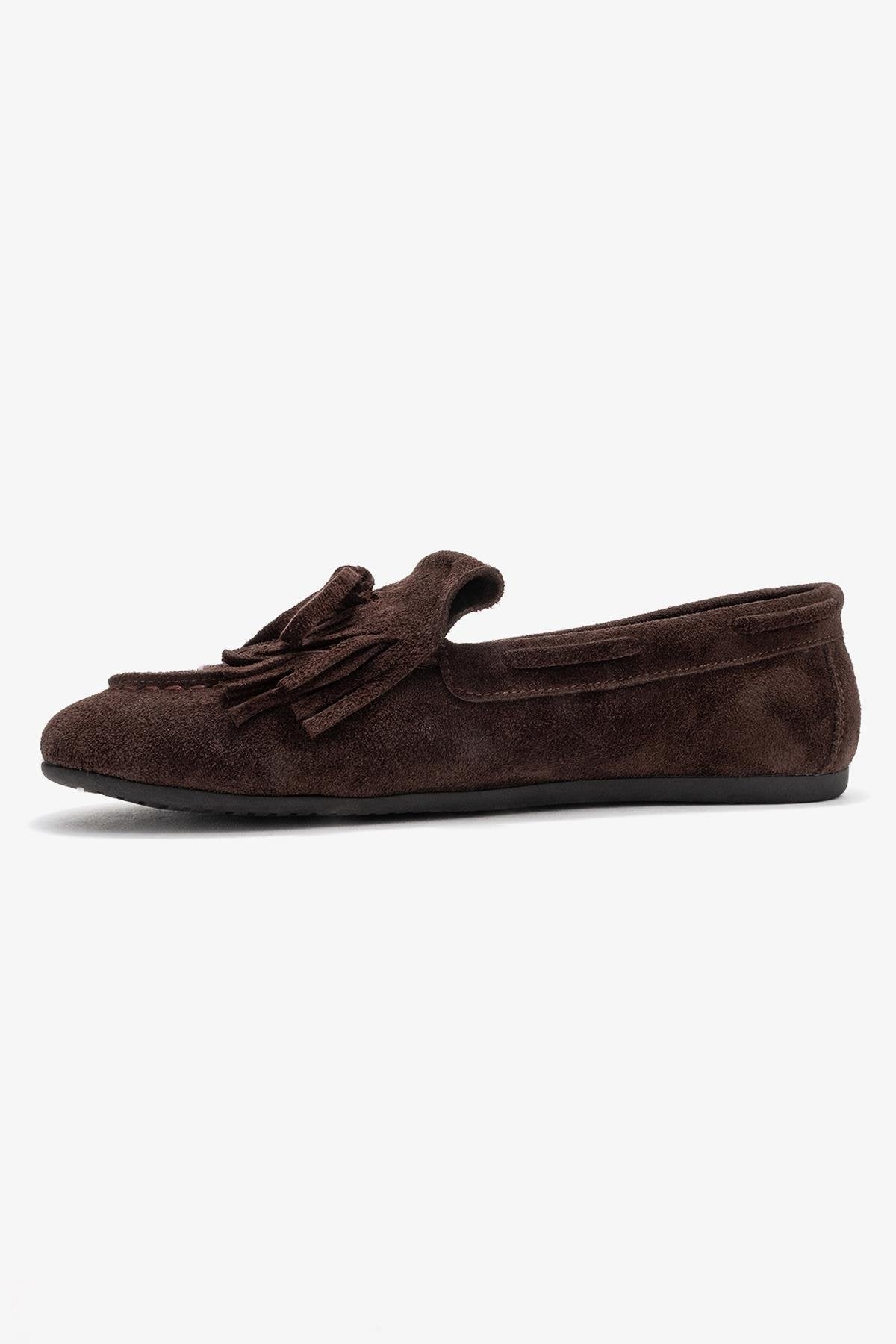 Axeli - Brown Genuine Leather Bow Fringe Loafer – heel view showing bow, leather, Vowalisse