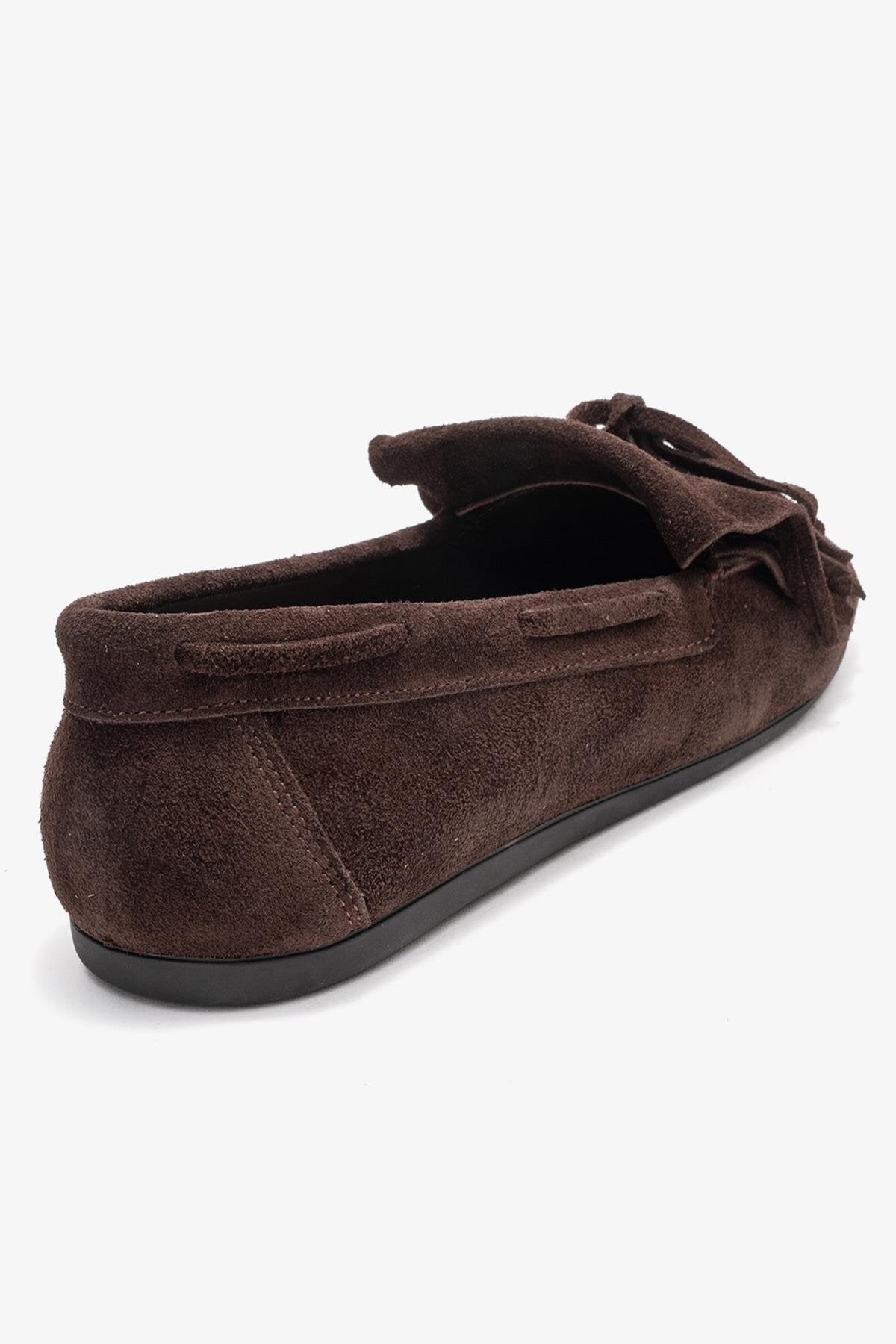 Axeli - Brown Genuine Leather Bow Fringe Loafer – back view showing bow, leather, Vowalisse