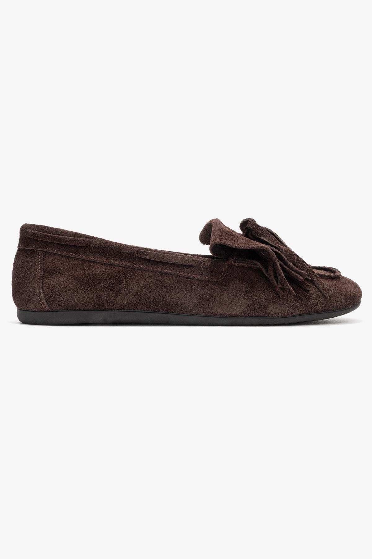 Axeli - Brown Genuine Leather Bow Fringe Loafer – top view showing bow, leather, Vowalisse