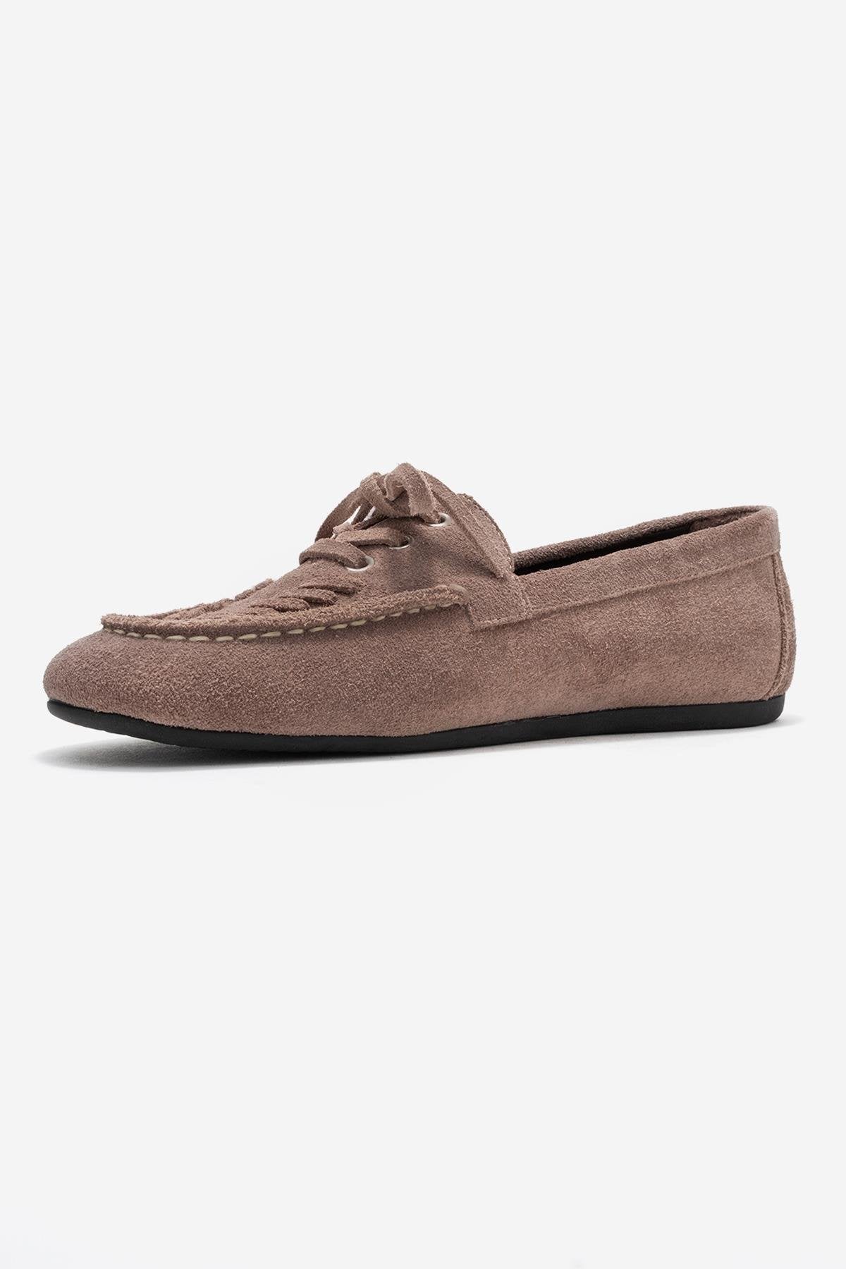 Lorven - Taupe Genuine Leather Lace-Up Loafer – heel view showing lace, leather, Vowalisse