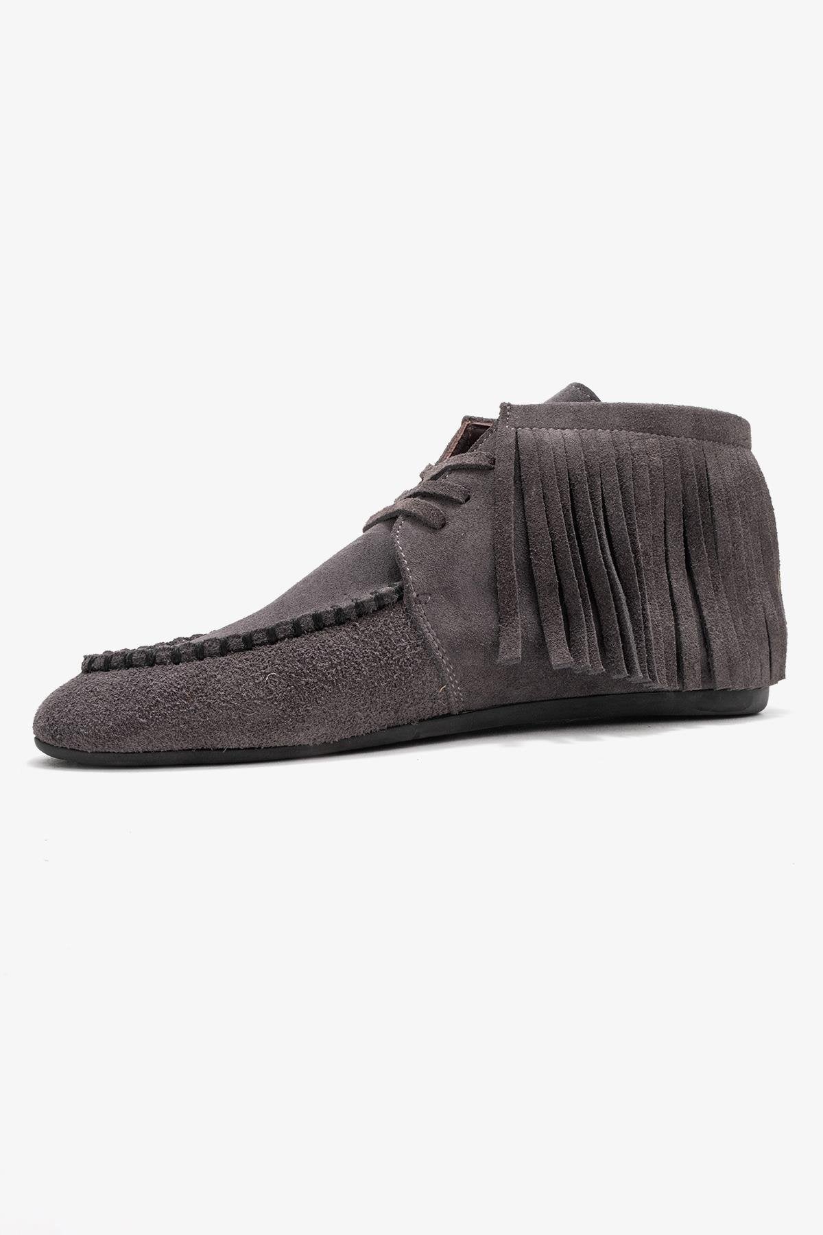 Raux - Smoke Suede Genuine Leather Fringed Ankle Boot – heel view showing leather, suede, Vowalisse