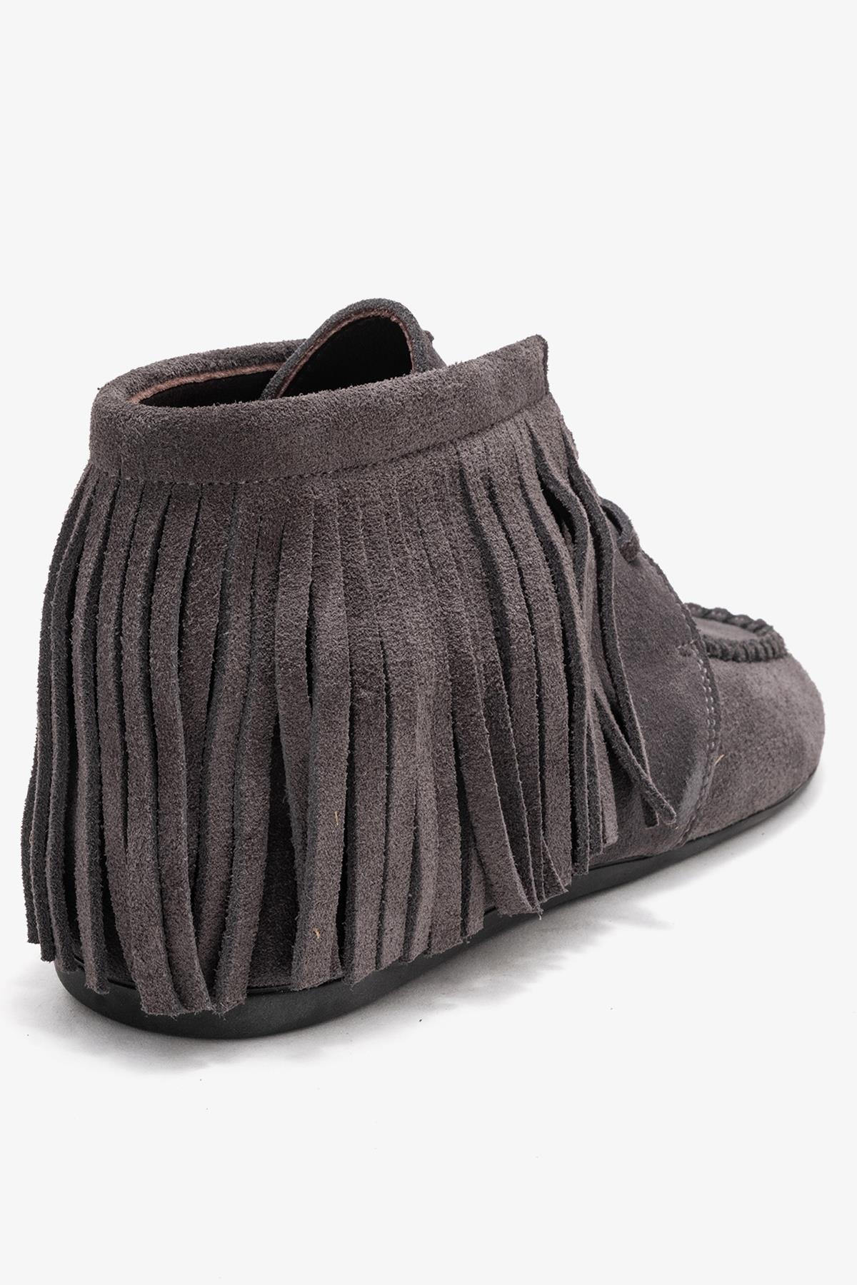 Raux - Smoke Suede Genuine Leather Fringed Ankle Boot – back view showing leather, suede, Vowalisse