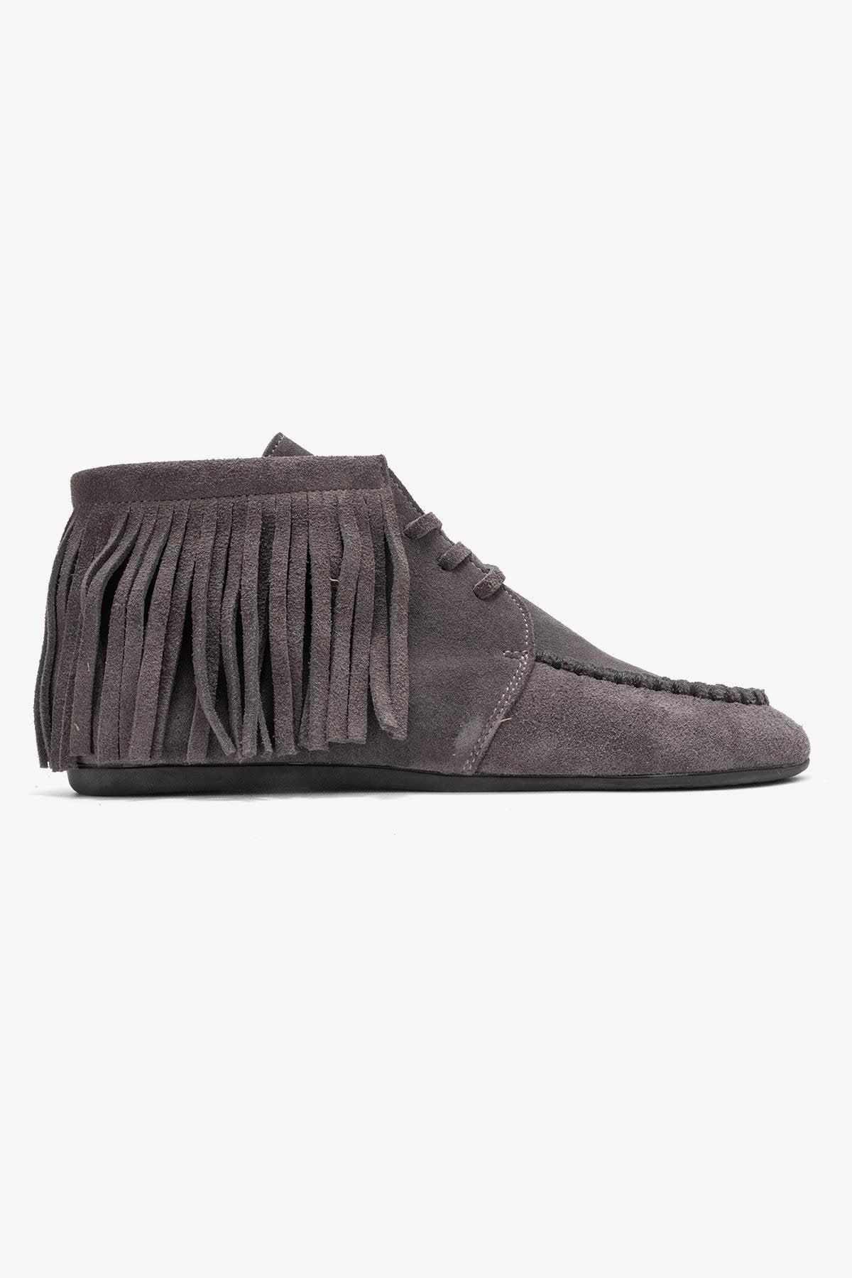 Raux - Smoke Suede Genuine Leather Fringed Ankle Boot – top view showing leather, suede, Vowalisse