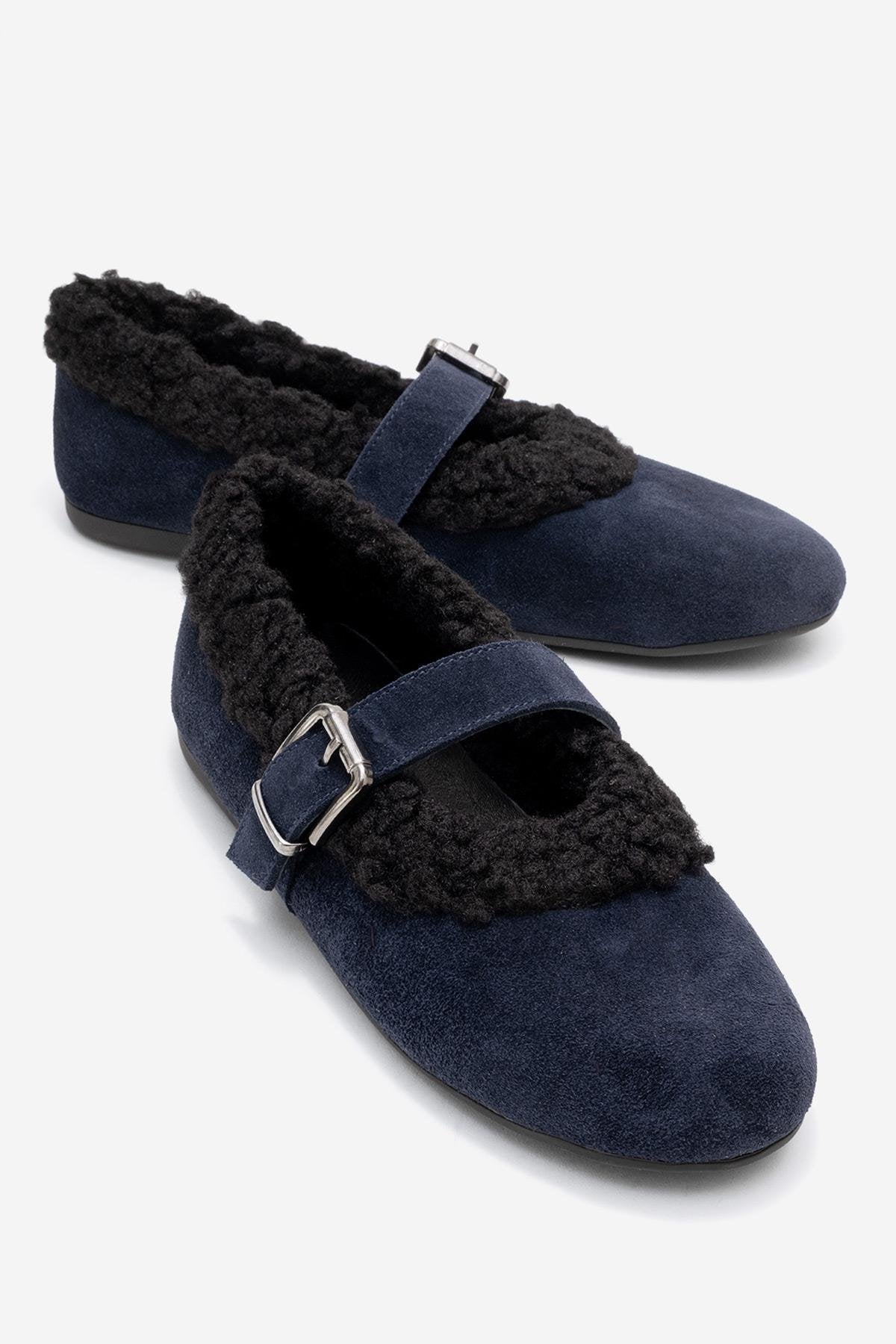 Guin - Navy Suede Genuine Leather Plush-Trim Strap Ballet Flat – front three-quarter view showing leather, suede, Vowalisse