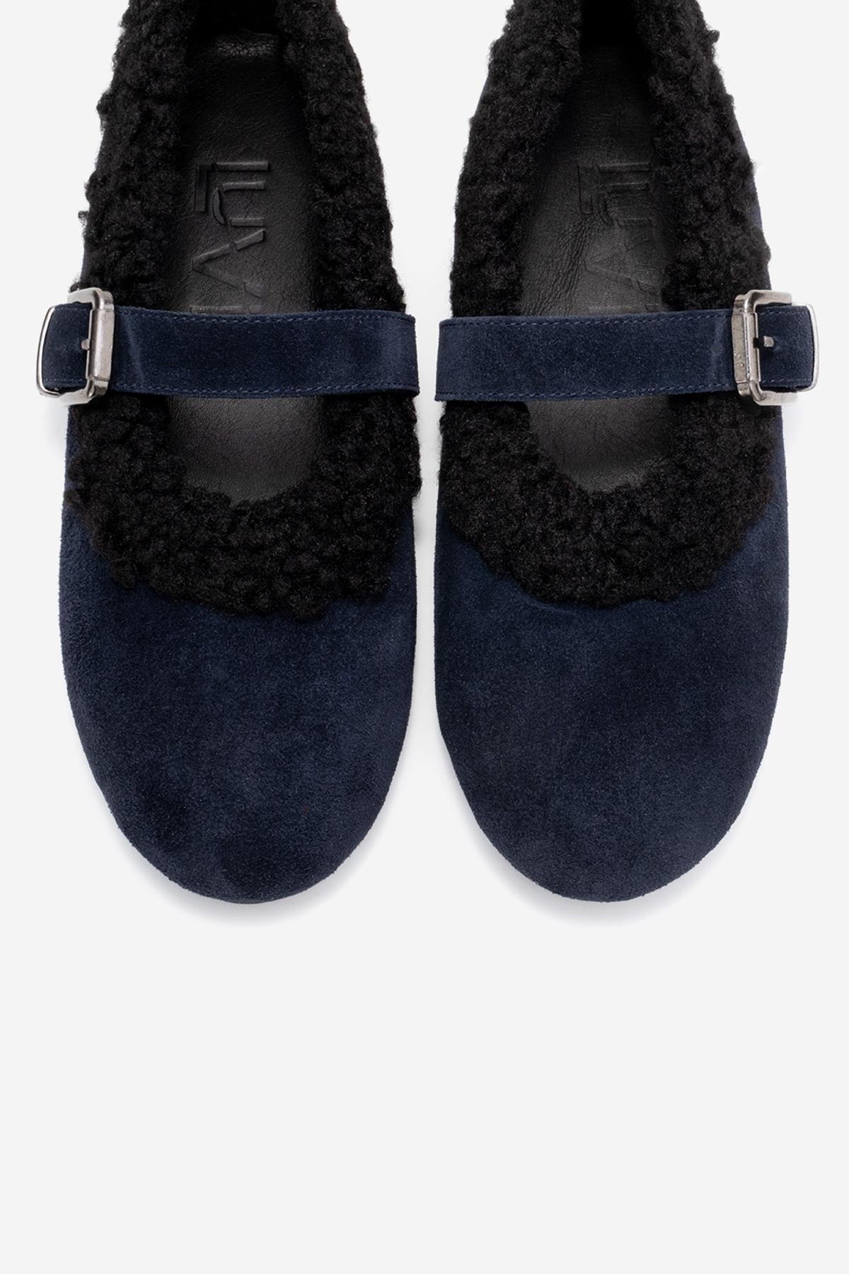Guin - Navy Suede Genuine Leather Plush-Trim Strap Ballet Flat – side view showing leather, suede, Vowalisse