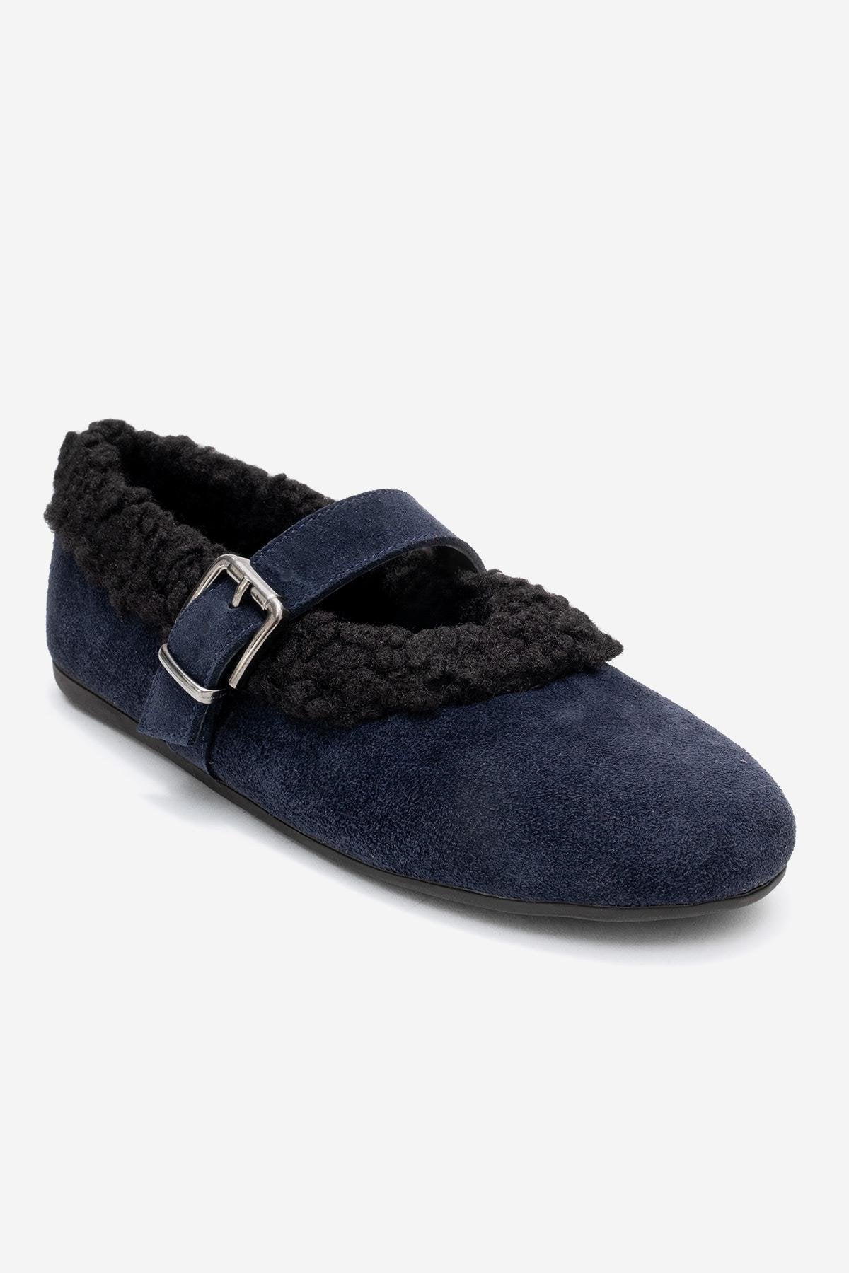 Guin - Navy Suede Genuine Leather Plush-Trim Strap Ballet Flat – detail view showing leather, suede, Vowalisse