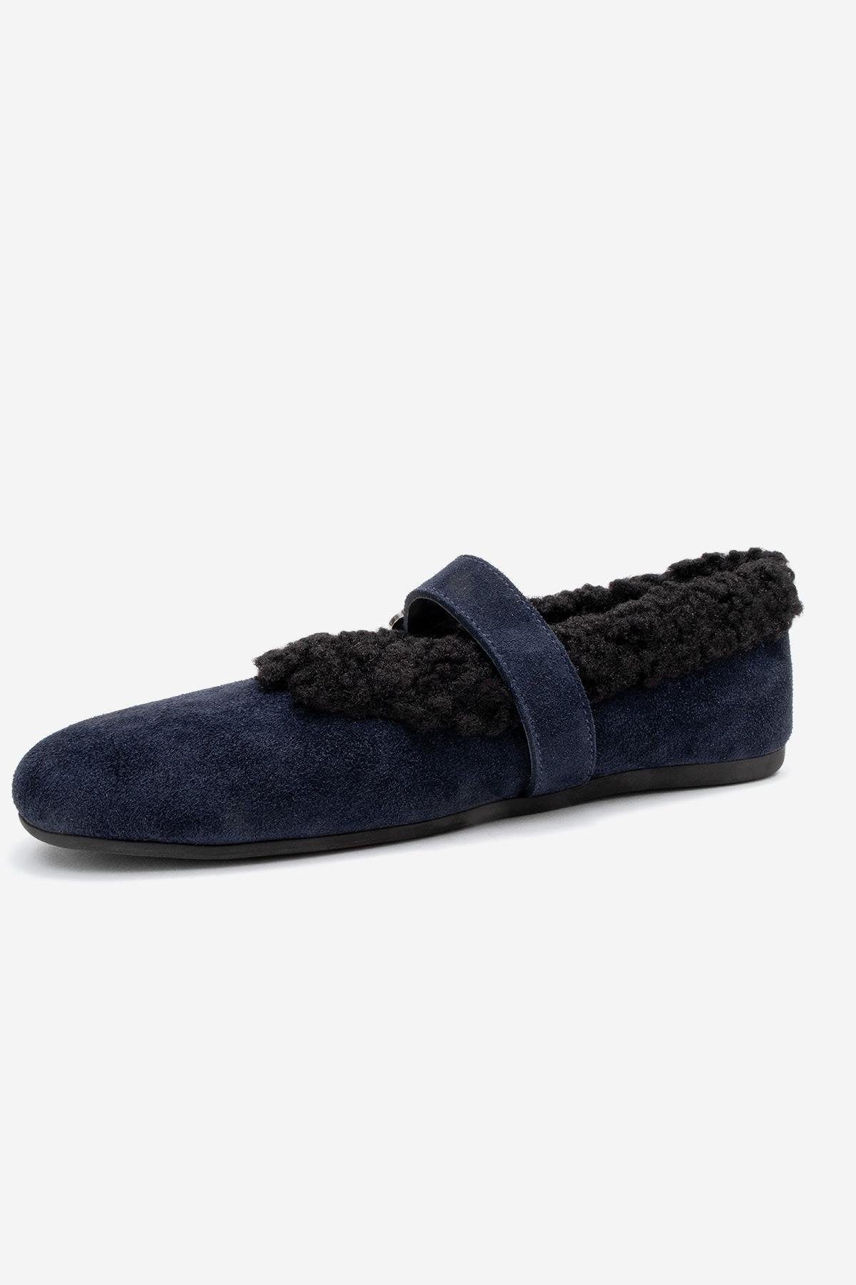 Guin - Navy Suede Genuine Leather Plush-Trim Strap Ballet Flat – heel view showing leather, suede, Vowalisse