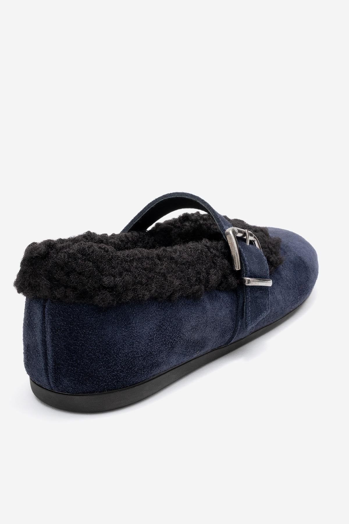 Guin - Navy Suede Genuine Leather Plush-Trim Strap Ballet Flat – back view showing leather, suede, Vowalisse