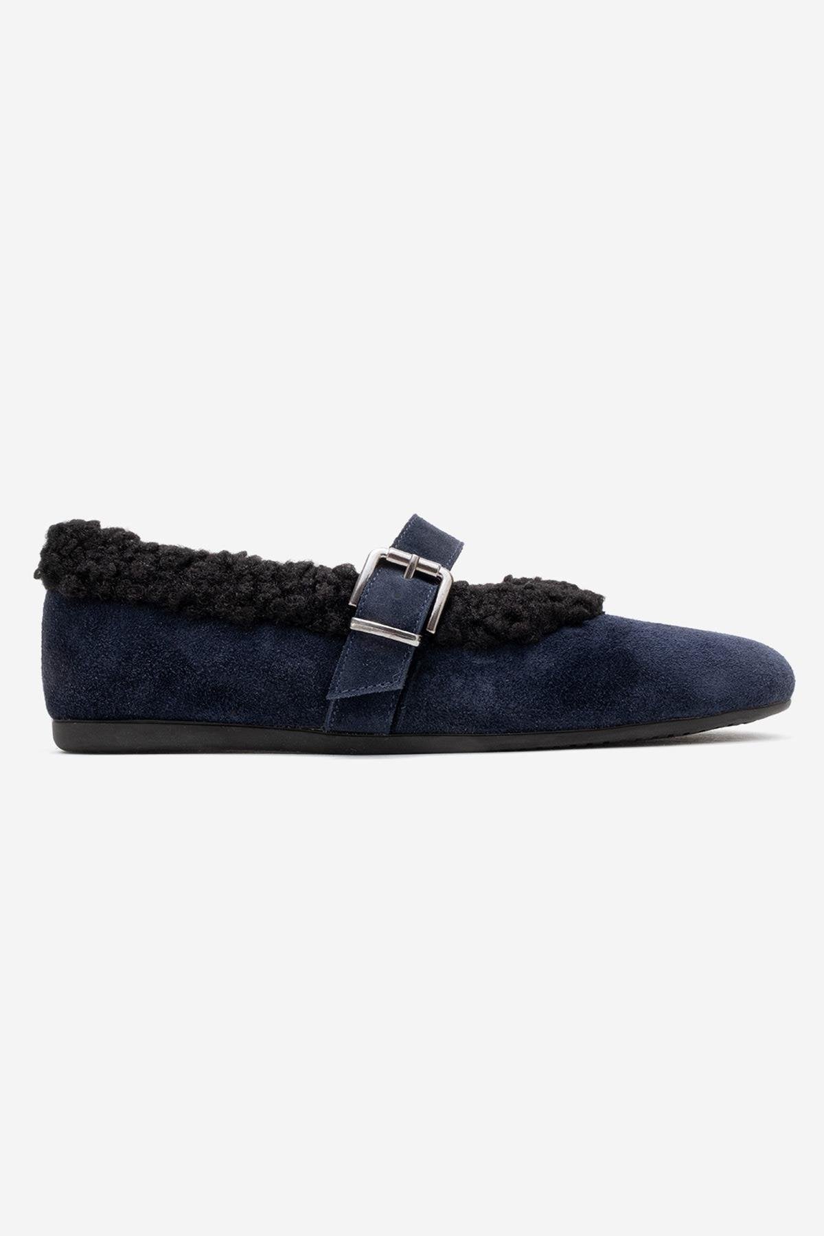 Guin - Navy Suede Genuine Leather Plush-Trim Strap Ballet Flat – top view showing leather, suede, Vowalisse