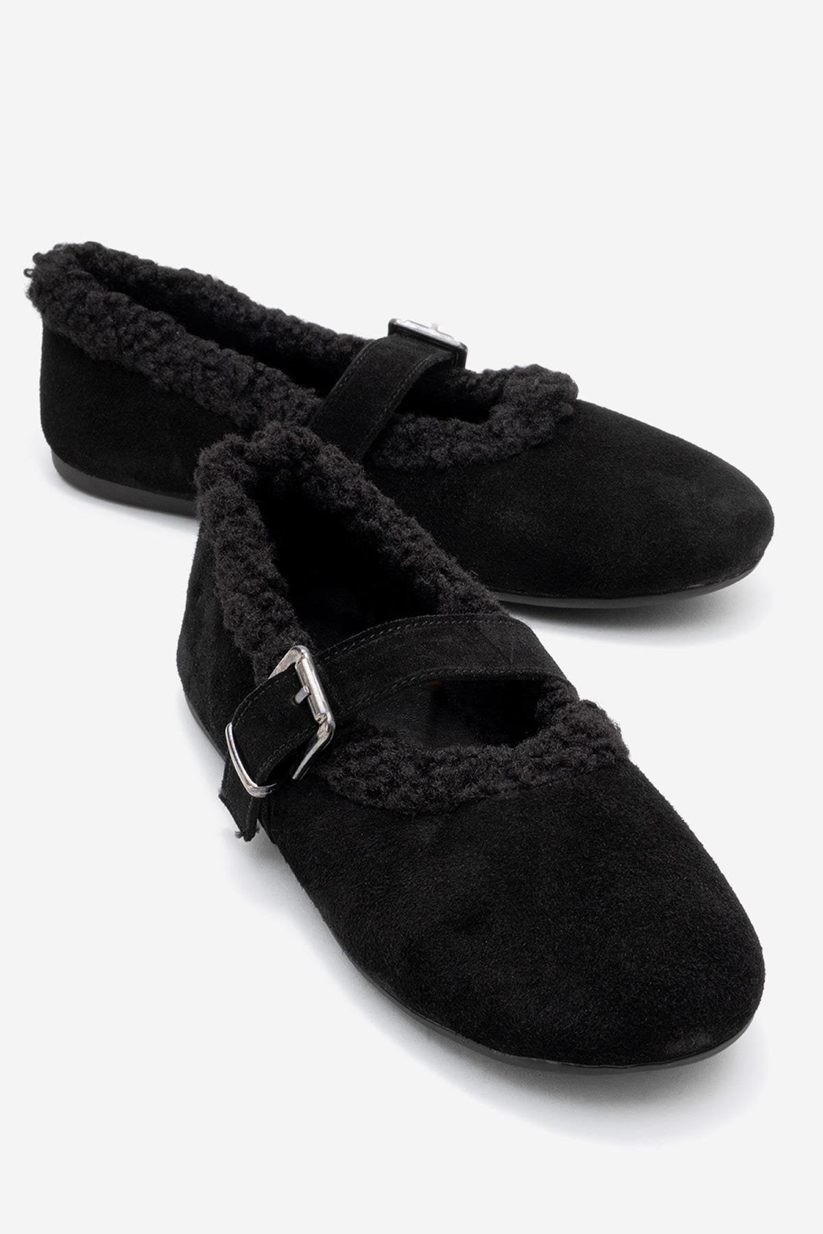 Guin - Black Suede Genuine Leather Plush-Trim Strap Ballet Flat – front three-quarter view showing leather, suede, black…