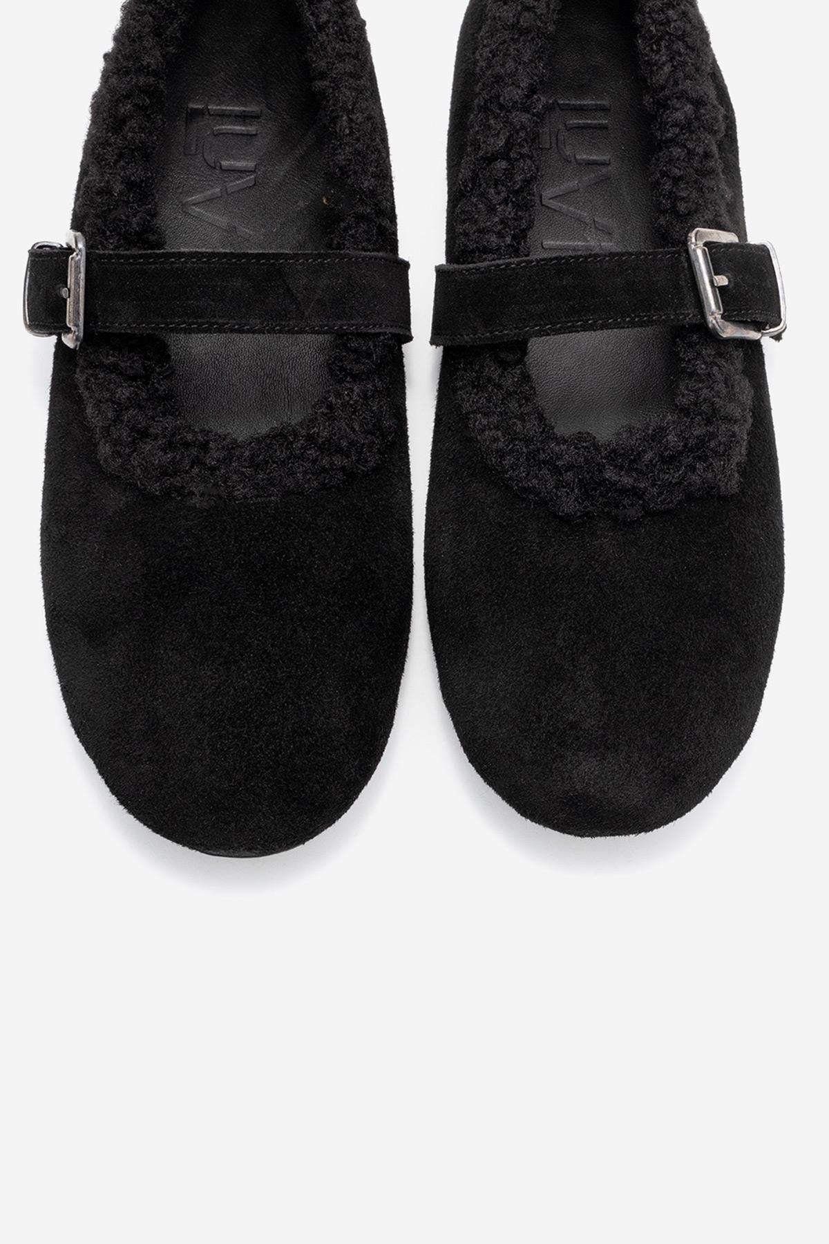 Guin - Black Suede Genuine Leather Plush-Trim Strap Ballet Flat – side view showing leather, suede, black, Vowalisse