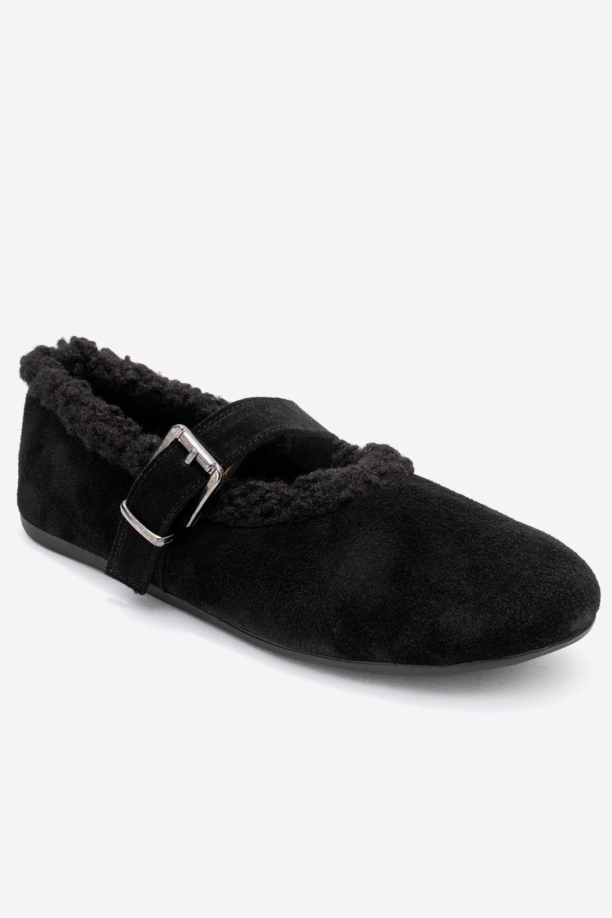 Guin - Black Suede Genuine Leather Plush-Trim Strap Ballet Flat – detail view showing leather, suede, black, Vowalisse