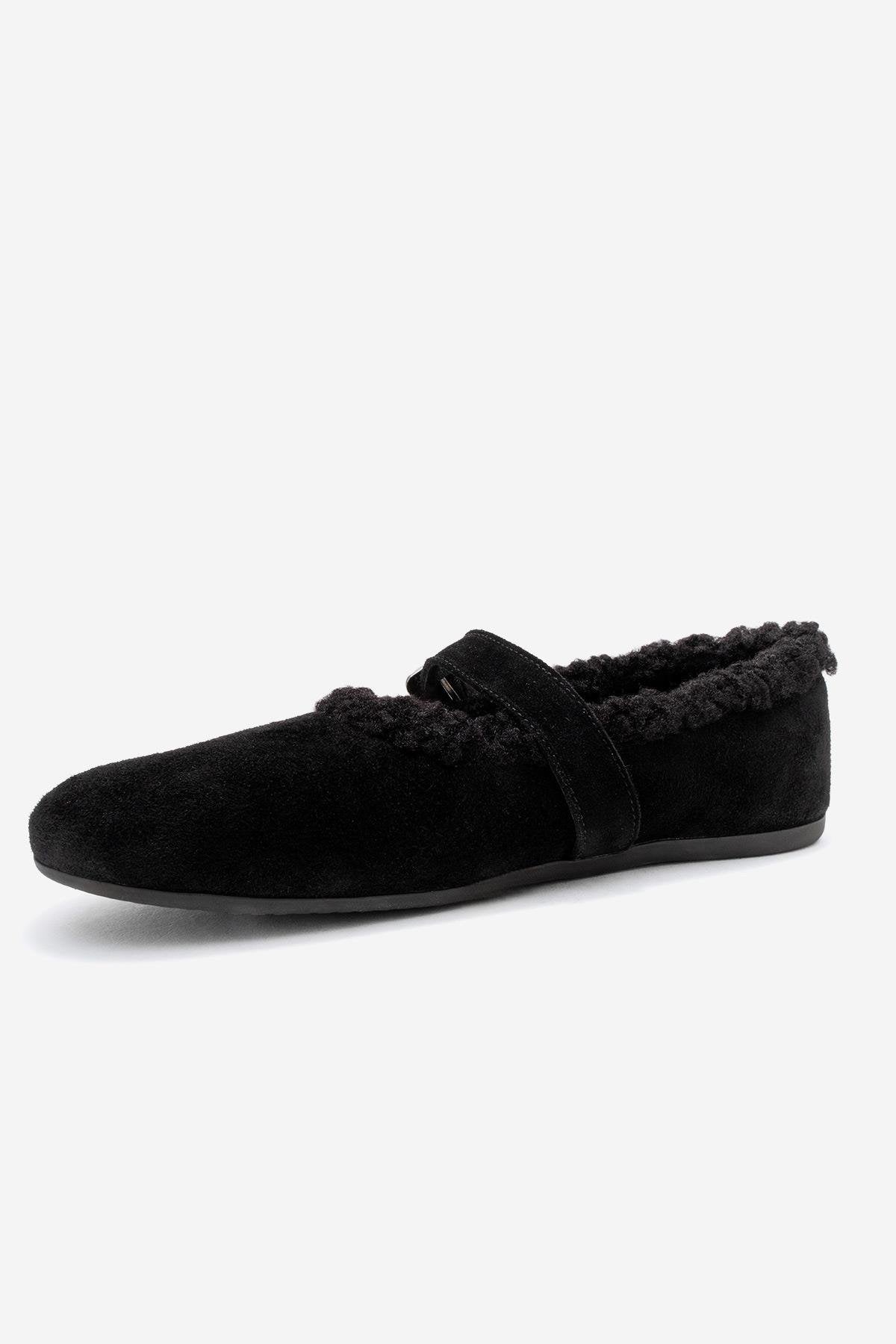Guin - Black Suede Genuine Leather Plush-Trim Strap Ballet Flat – heel view showing leather, suede, black, Vowalisse