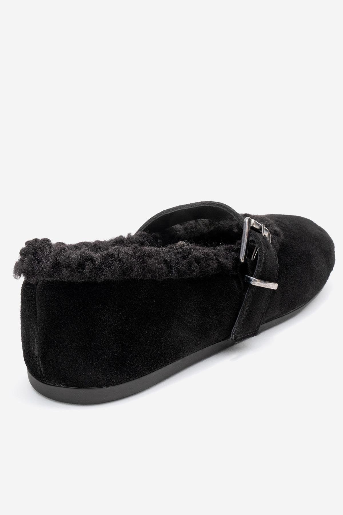 Guin - Black Suede Genuine Leather Plush-Trim Strap Ballet Flat – back view showing leather, suede, black, Vowalisse
