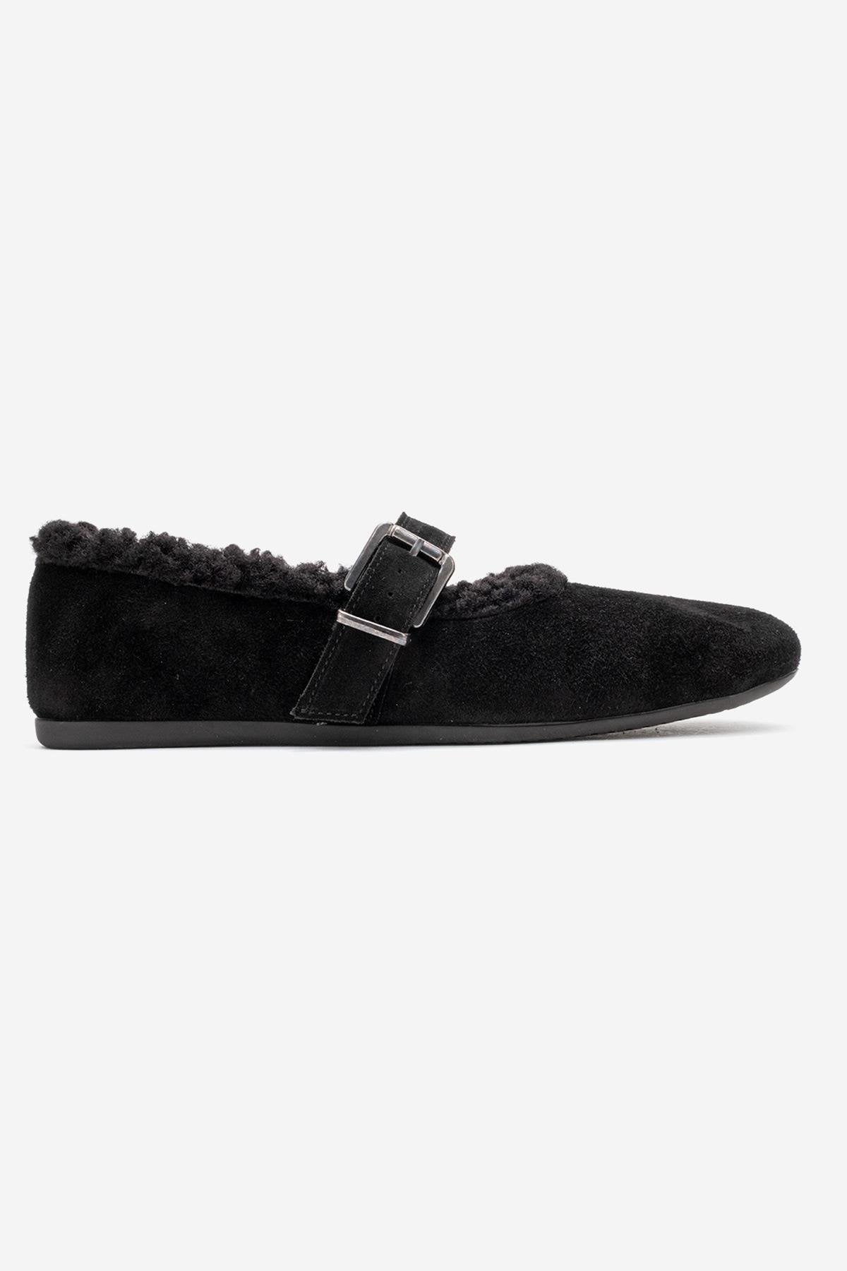 Guin - Black Suede Genuine Leather Plush-Trim Strap Ballet Flat – top view showing leather, suede, black, Vowalisse