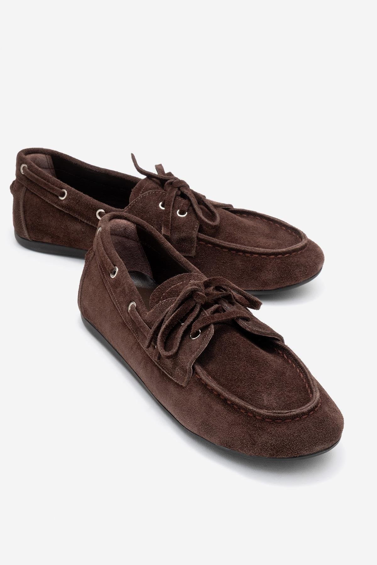 Serelis - Brown Suede Genuine Leather Lace-Up Loafer – front three-quarter view showing lace, leather, suede, Vowalisse