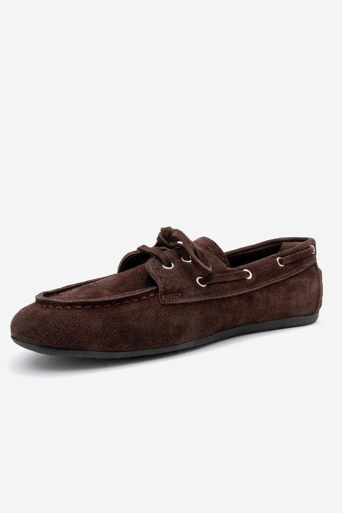 Serelis - Brown Suede Genuine Leather Lace-Up Loafer – heel view showing lace, leather, suede, Vowalisse