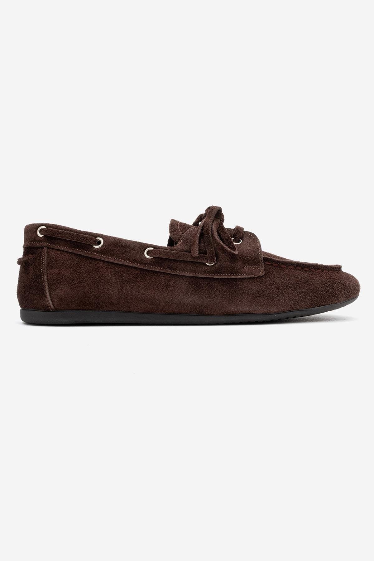 Serelis - Brown Suede Genuine Leather Lace-Up Loafer – top view showing lace, leather, suede, Vowalisse