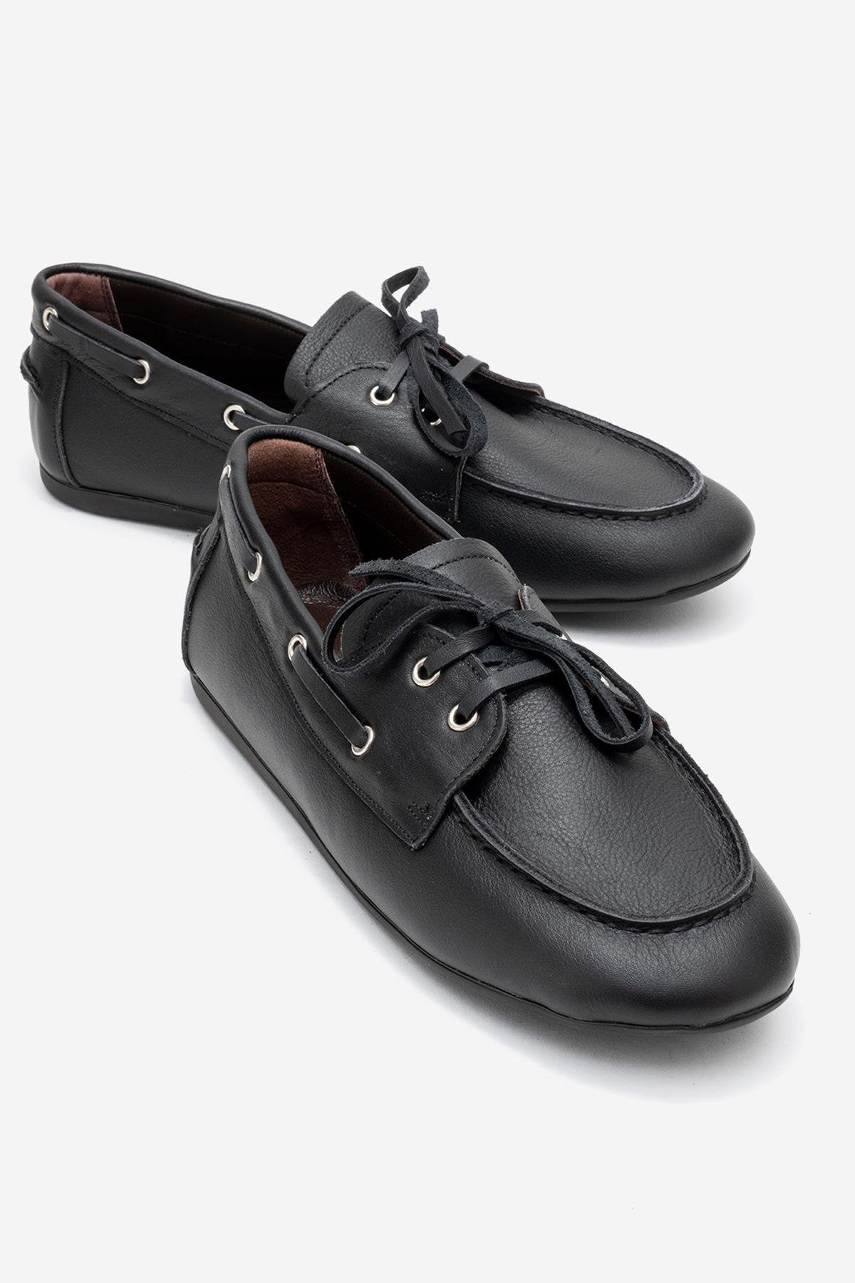 Serelis - Black Genuine Leather Lace-Up Loafer – front three-quarter view showing lace, leather, black, Vowalisse