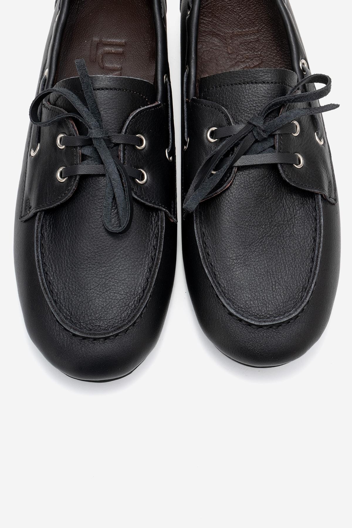 Serelis - Black Genuine Leather Lace-Up Loafer – side view showing lace, leather, black, Vowalisse