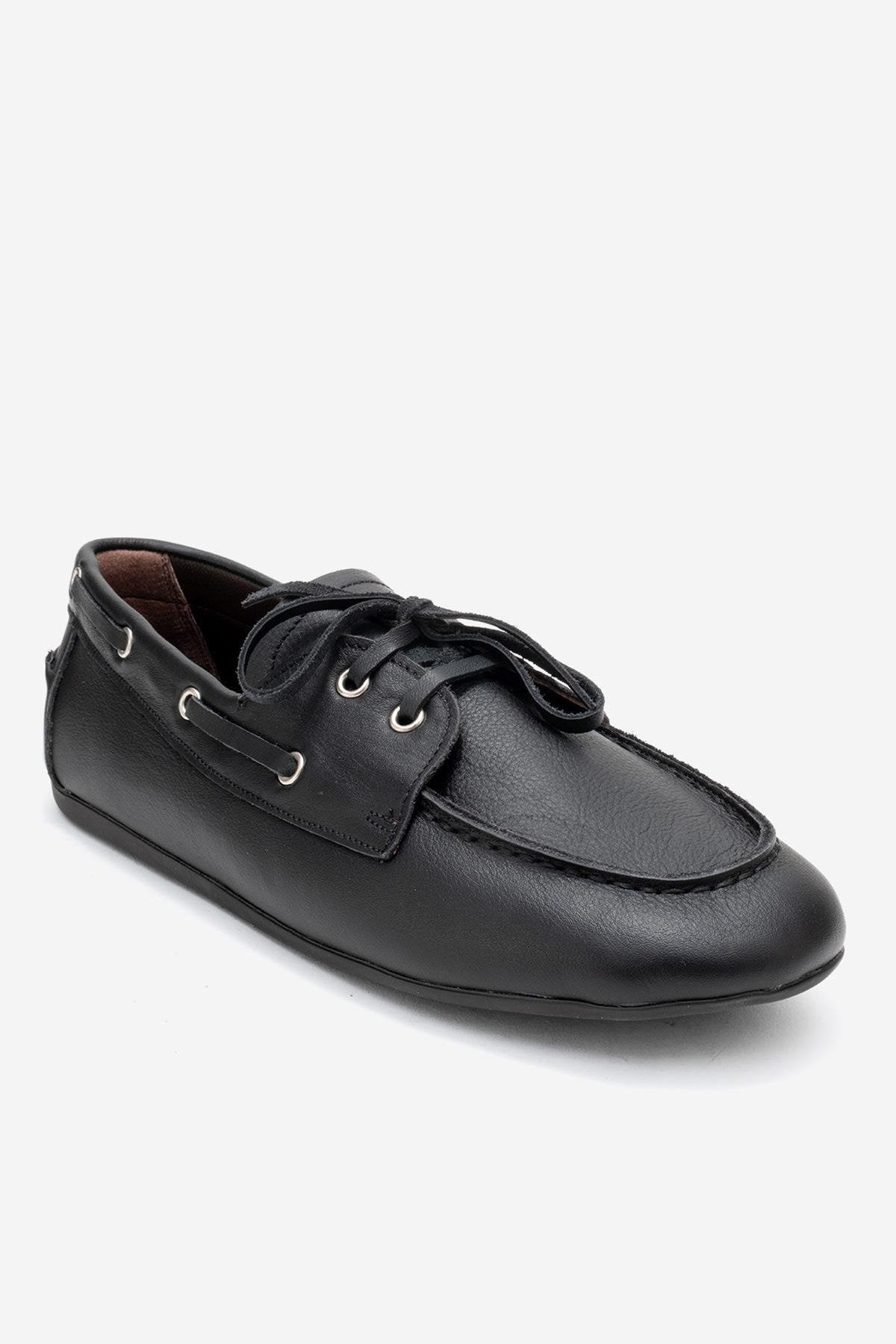 Serelis - Black Genuine Leather Lace-Up Loafer – detail view showing lace, leather, black, Vowalisse