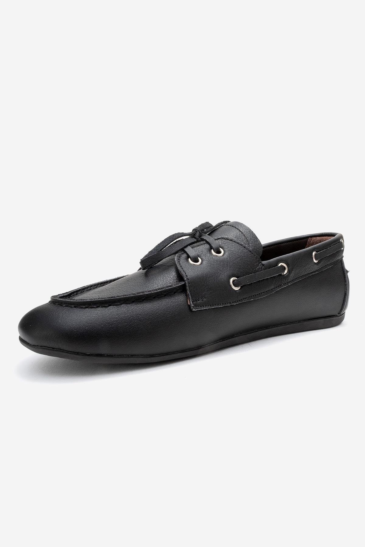 Serelis - Black Genuine Leather Lace-Up Loafer – heel view showing lace, leather, black, Vowalisse