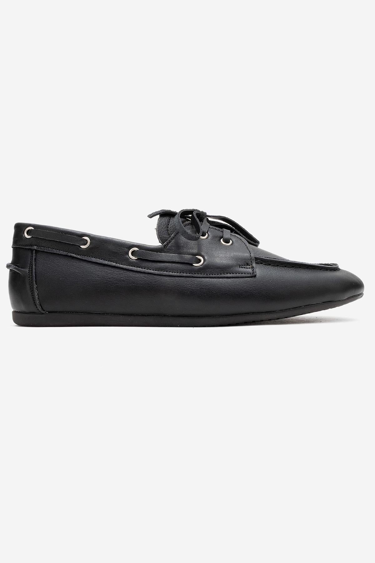 Serelis - Black Genuine Leather Lace-Up Loafer – top view showing lace, leather, black, Vowalisse