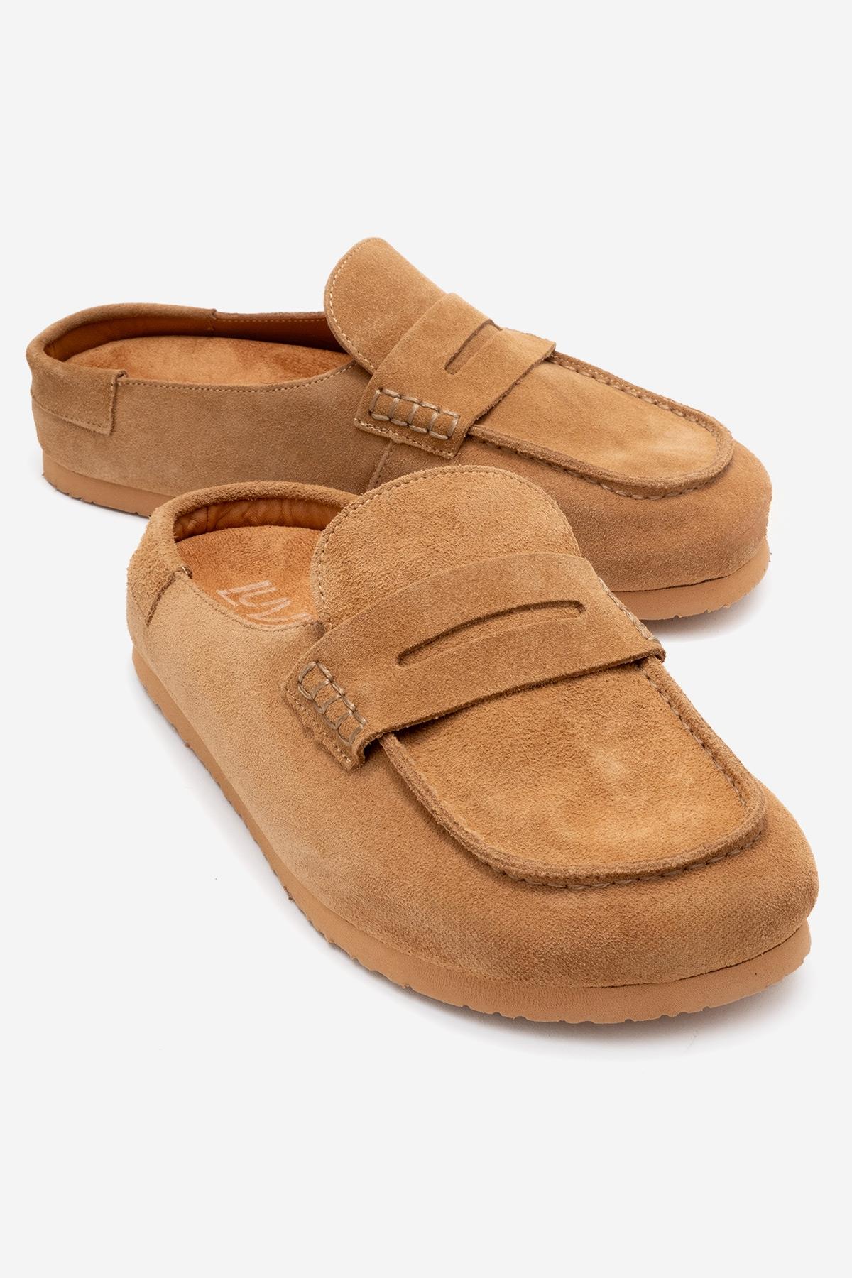 Priva - Taupe Suede Genuine Leather Slip-On Mule – front three-quarter view showing leather, suede, Vowalisse